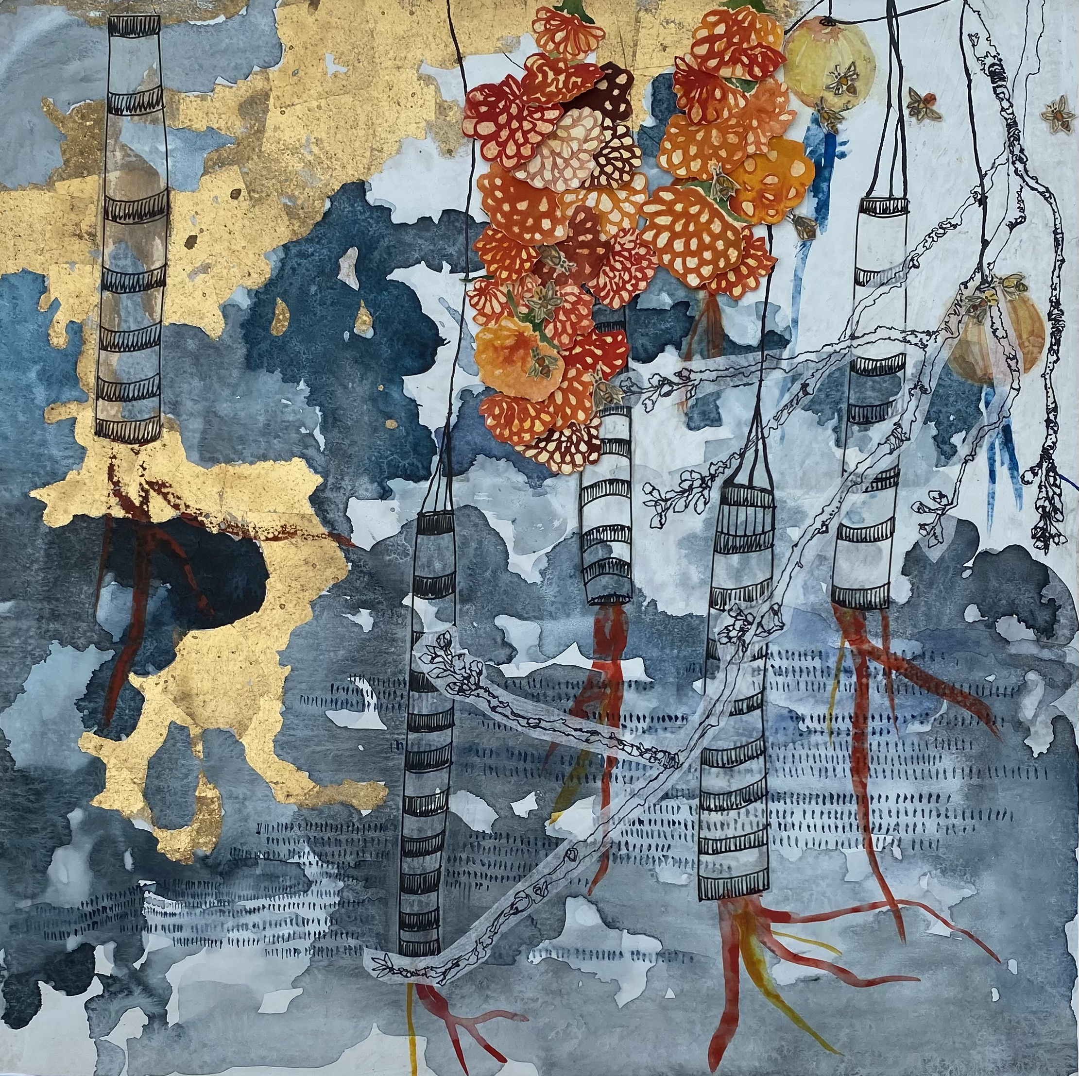 Festival, mixed media on board
