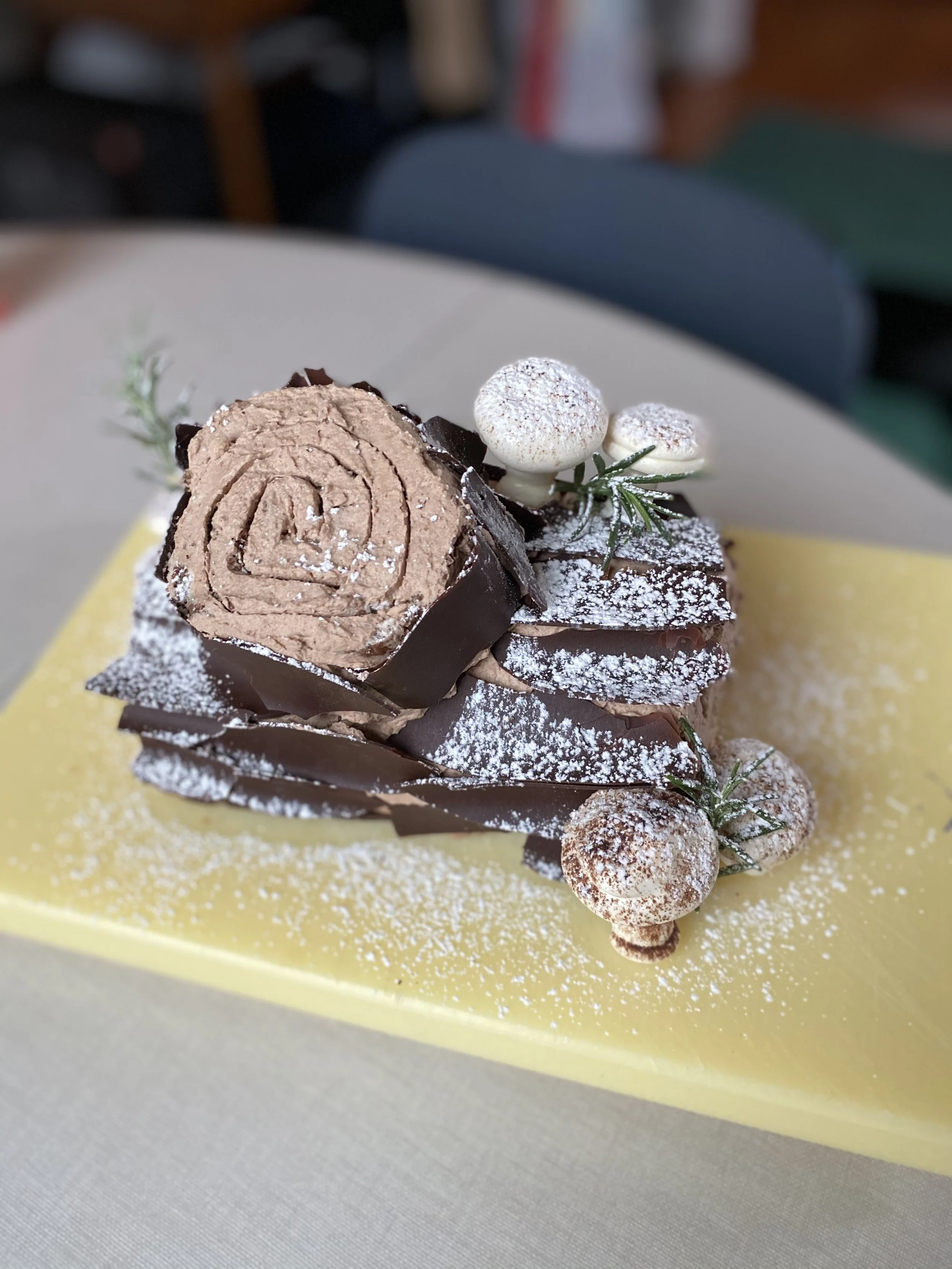 Chocolate Yule Log with Meringue Mushrooms