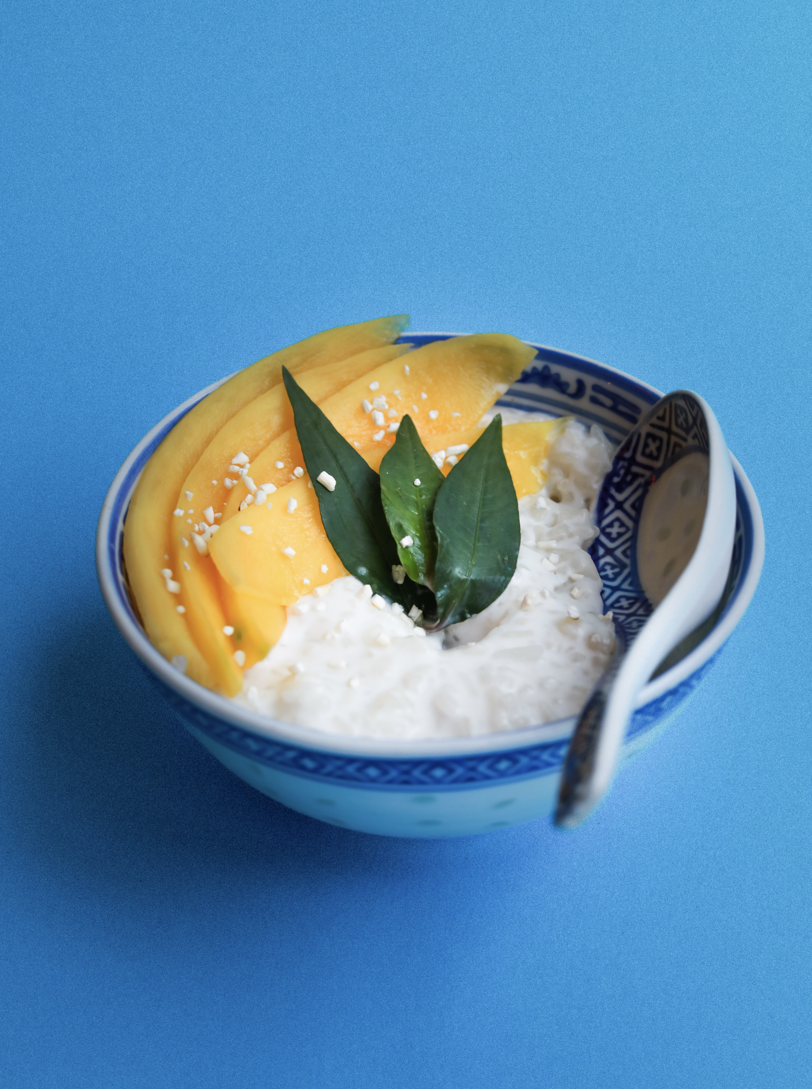 Dessert de mangue et crème dans un bol décoratif avec des feuilles de citron vert et des copeaux de noix de coco, sur fond bleu.