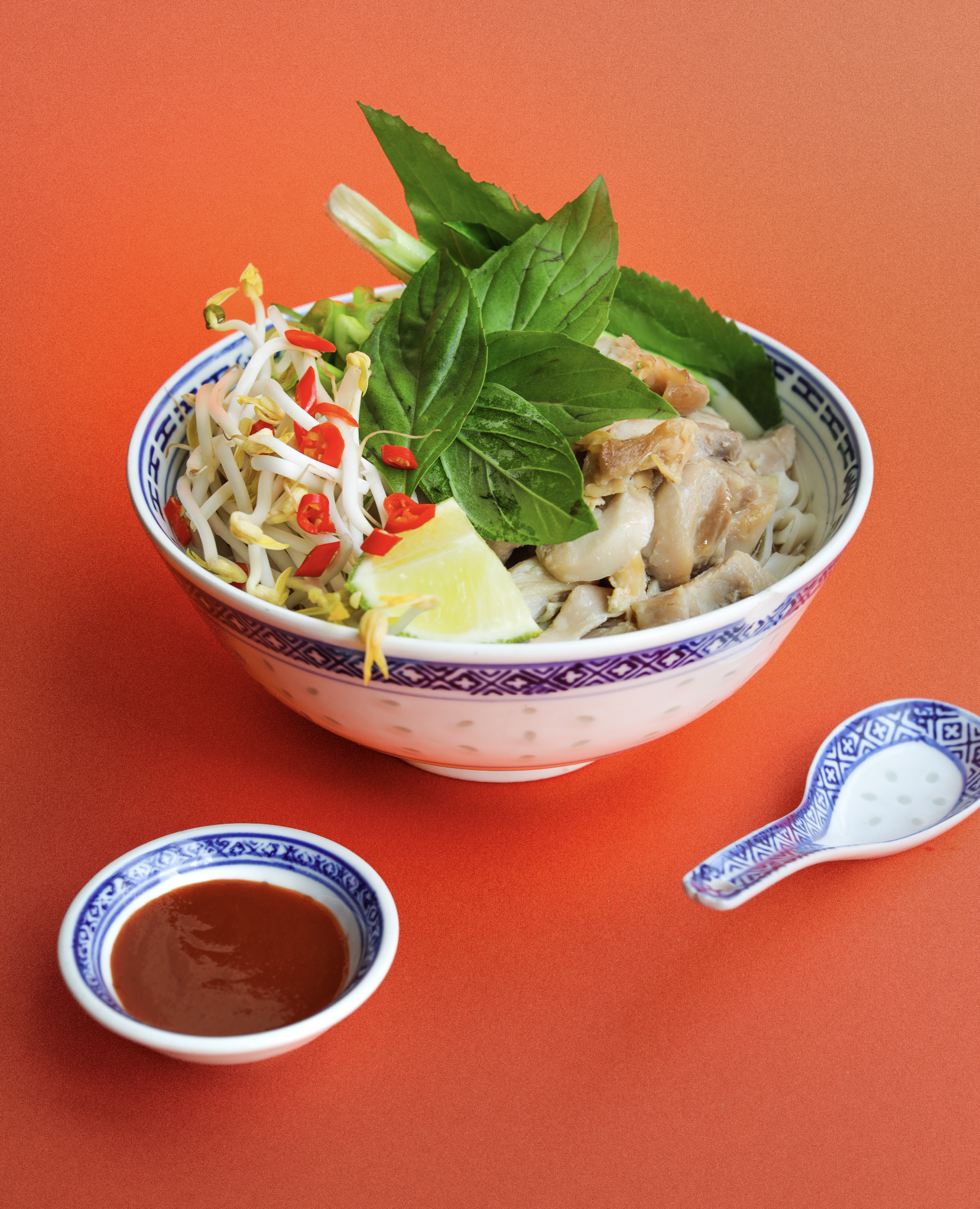 Bol de soupe ou nouilles avec des herbes fraîches, germes de soja, piment rouge, citron vert, et sauce, sur fond orange.