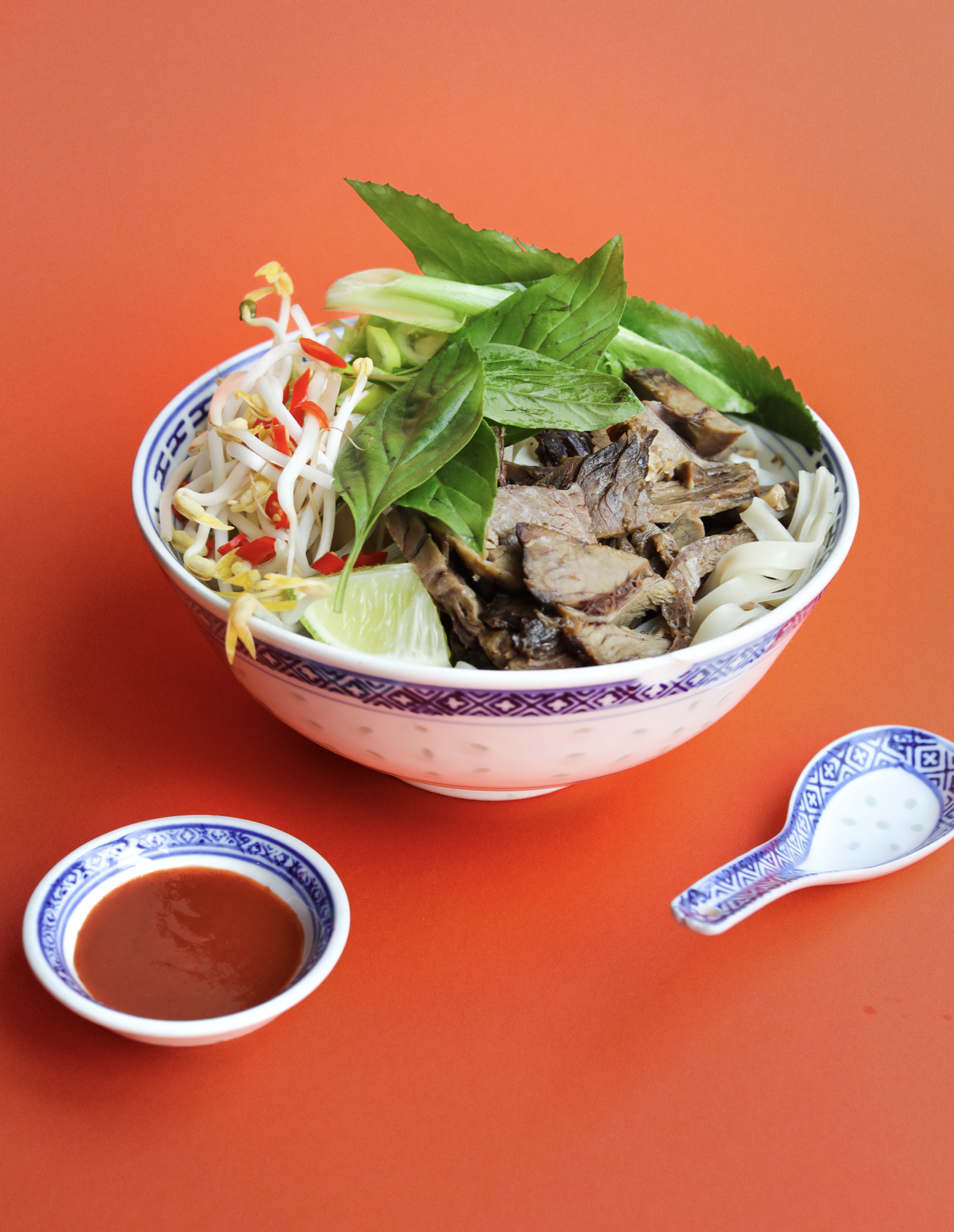 Bol de soupe thaïlandaise avec des herbes fraîches, des germes de soja, de la viande et un quartier de citron vert, accompagnée d'une sauce et d'une cuillère en porcelaine.