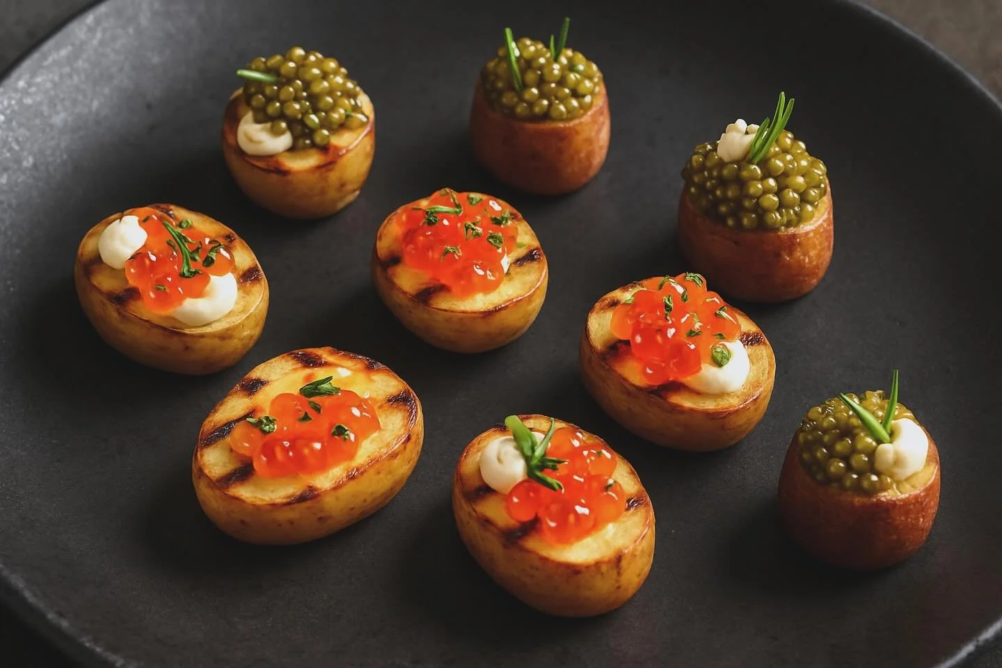 caviar canap&eacute;s | salmon roe and mascarpone | royal osetra and cr&egrave;me fra&icirc;che