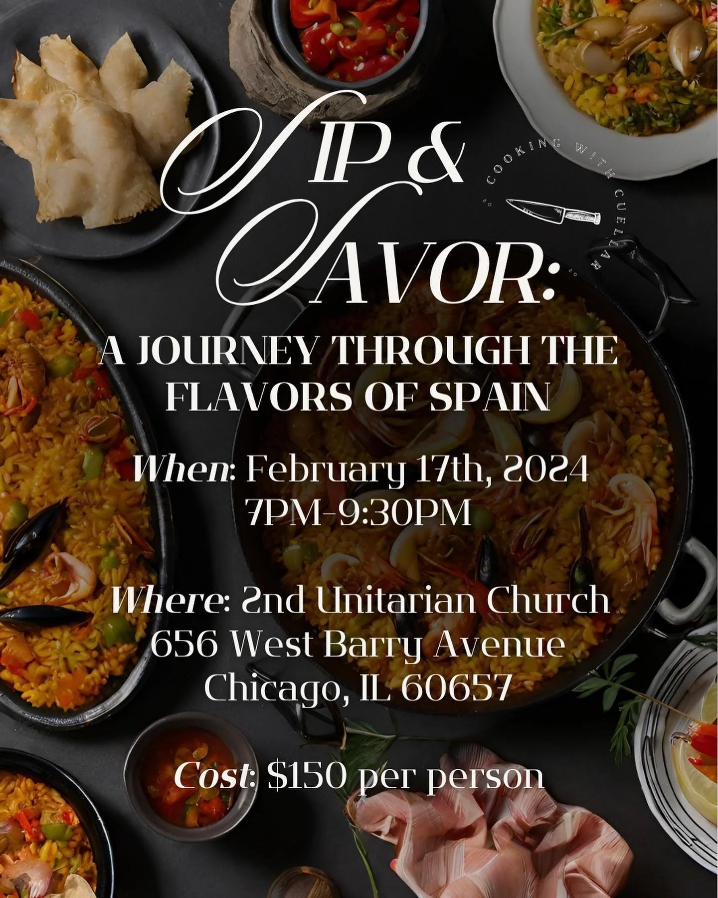 Tickets are AVAILABLE NOW!

If you are ready to dive deep into Spanish culture with our tantalizing 9 course menu, paired with cocktails and wine from our partner @burnarjwines , now is your chance!

When: February 17th, 2024
7PM-9:30PM
Where: 2nd Un