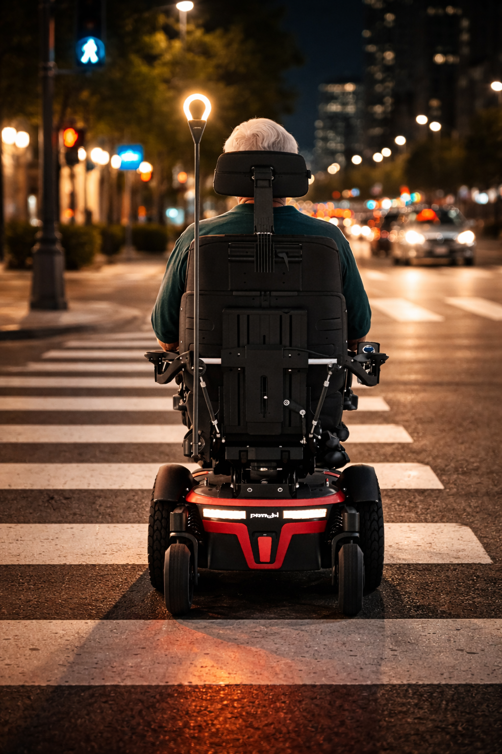 An elderly man with white hair using a motorized wheelchair waits at a crosswalk at night in a city using light.