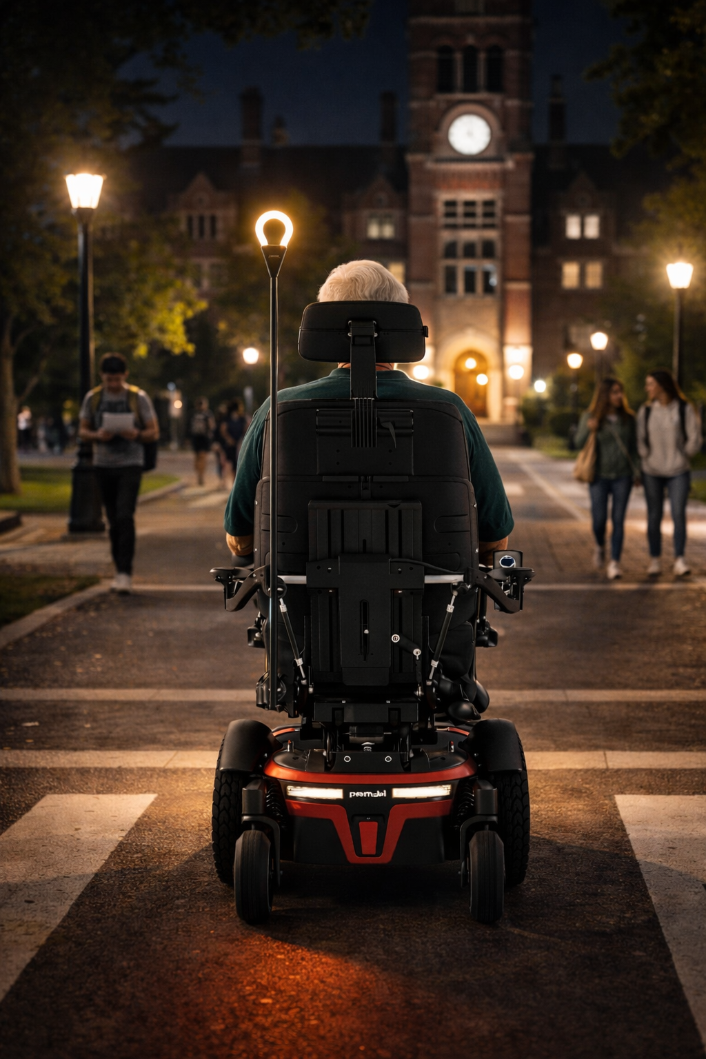 An elderly person in a powered wheelchair at night on a college campus with a historic building in the background and people walking nearby using light.