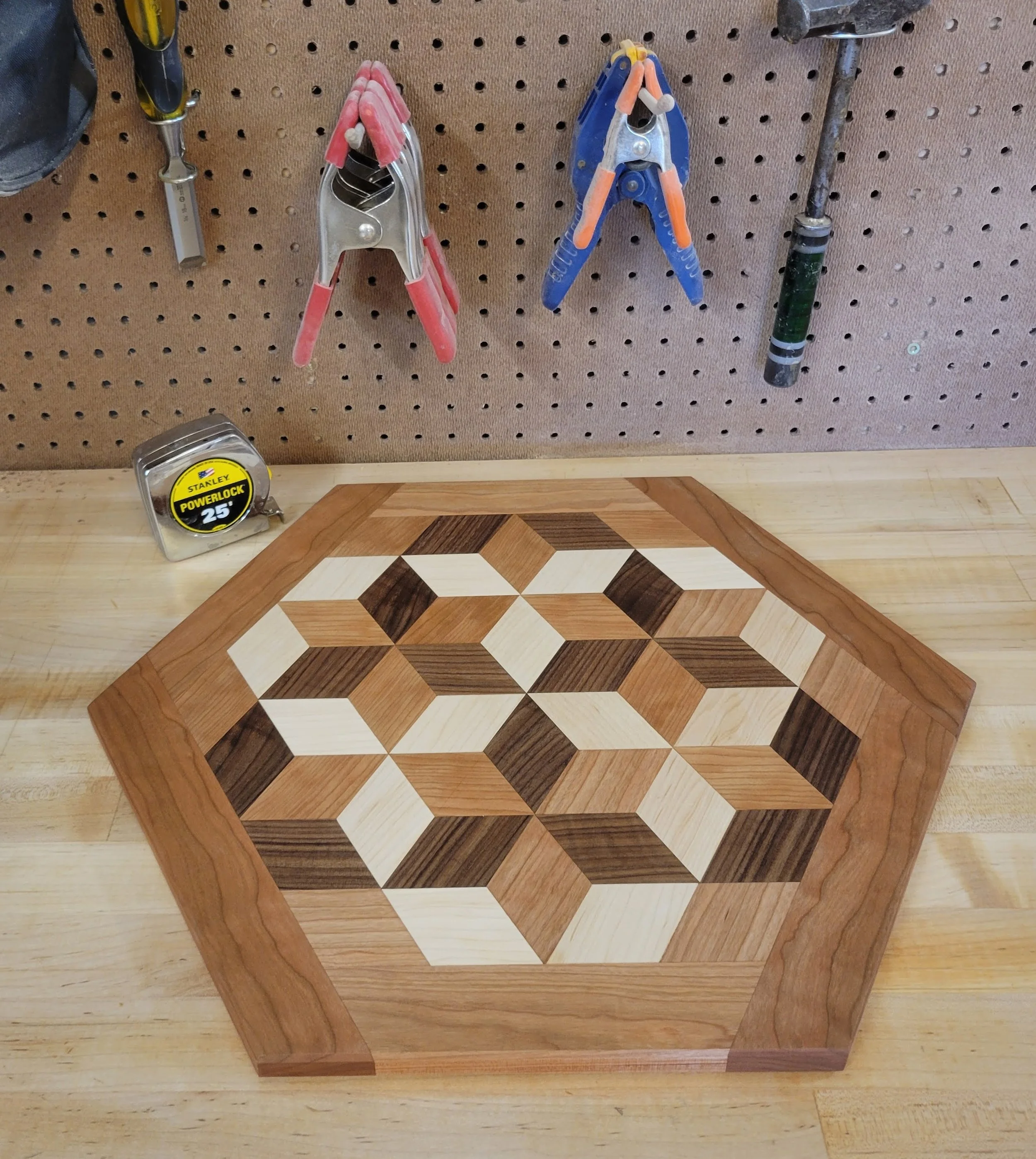 Walnut and Cherry Stars_Hexagonal Serving Board_Bench_9-19-26.jpg