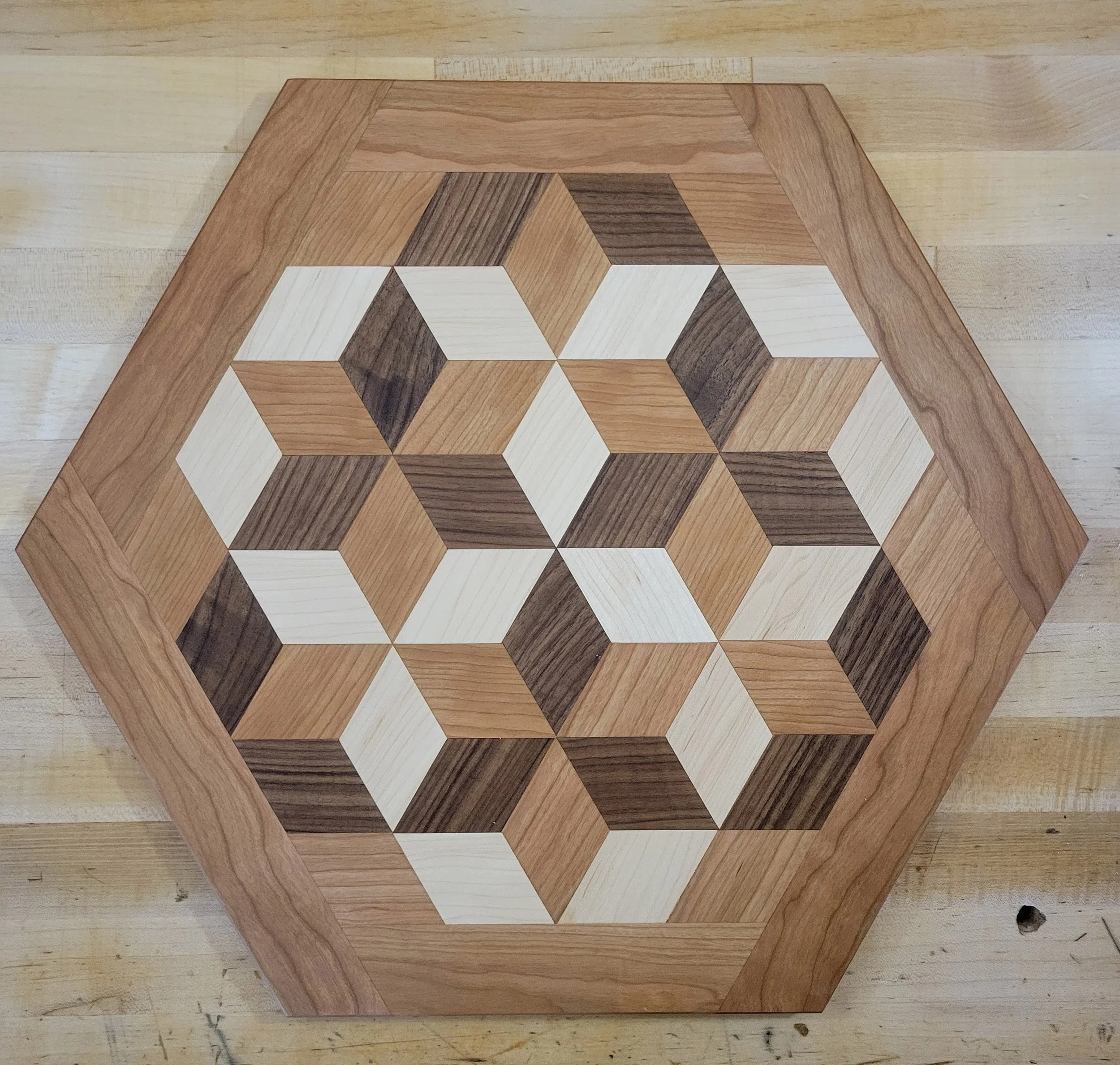 Cherry, Walnut, Maple Stars_Hexagonal Serving Board_Overhead_9-19-26.jpg