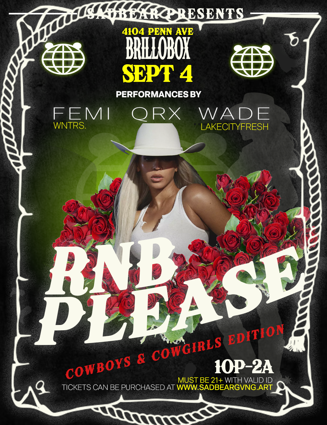 A promotional poster for a country-themed event titled 'RNB-PEACE,' featuring a woman with long blonde hair wearing a white cowboy hat and a sleeveless top, surrounded by a bouquet of red roses. The event is scheduled for September 4 at Brillobox, located at 4104 Penn Ave, with performances by Femii Orx Wade. It is aimed at cowboys and cowgirls, with age restriction 21+. The poster has a black background with white and yellow text, decorative white border, and some skull and globe icons.