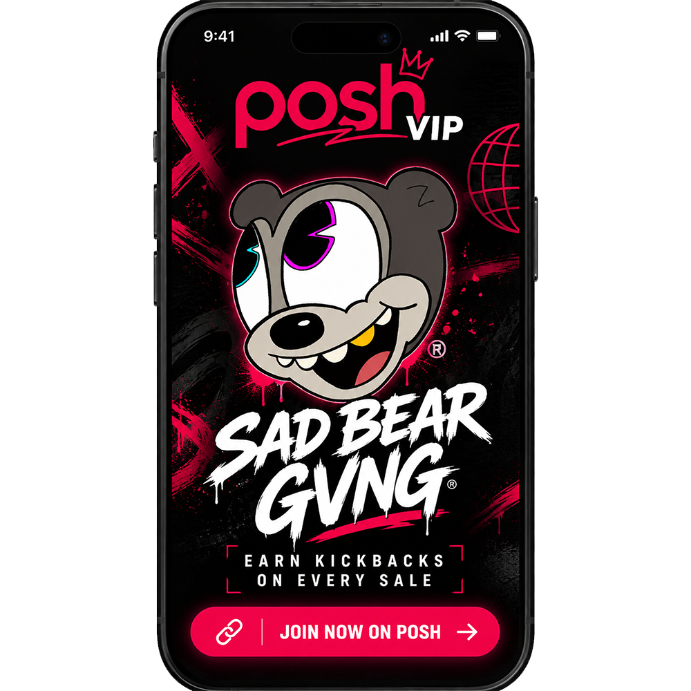 Smartphone screen displaying a promotional ad for Posh VIP with a cartoon sad bear character and the headline 'Sad Bear Gving'. The ad promotes earning kickbacks on sales and has a pink 'Join Now on Posh' button at the bottom.