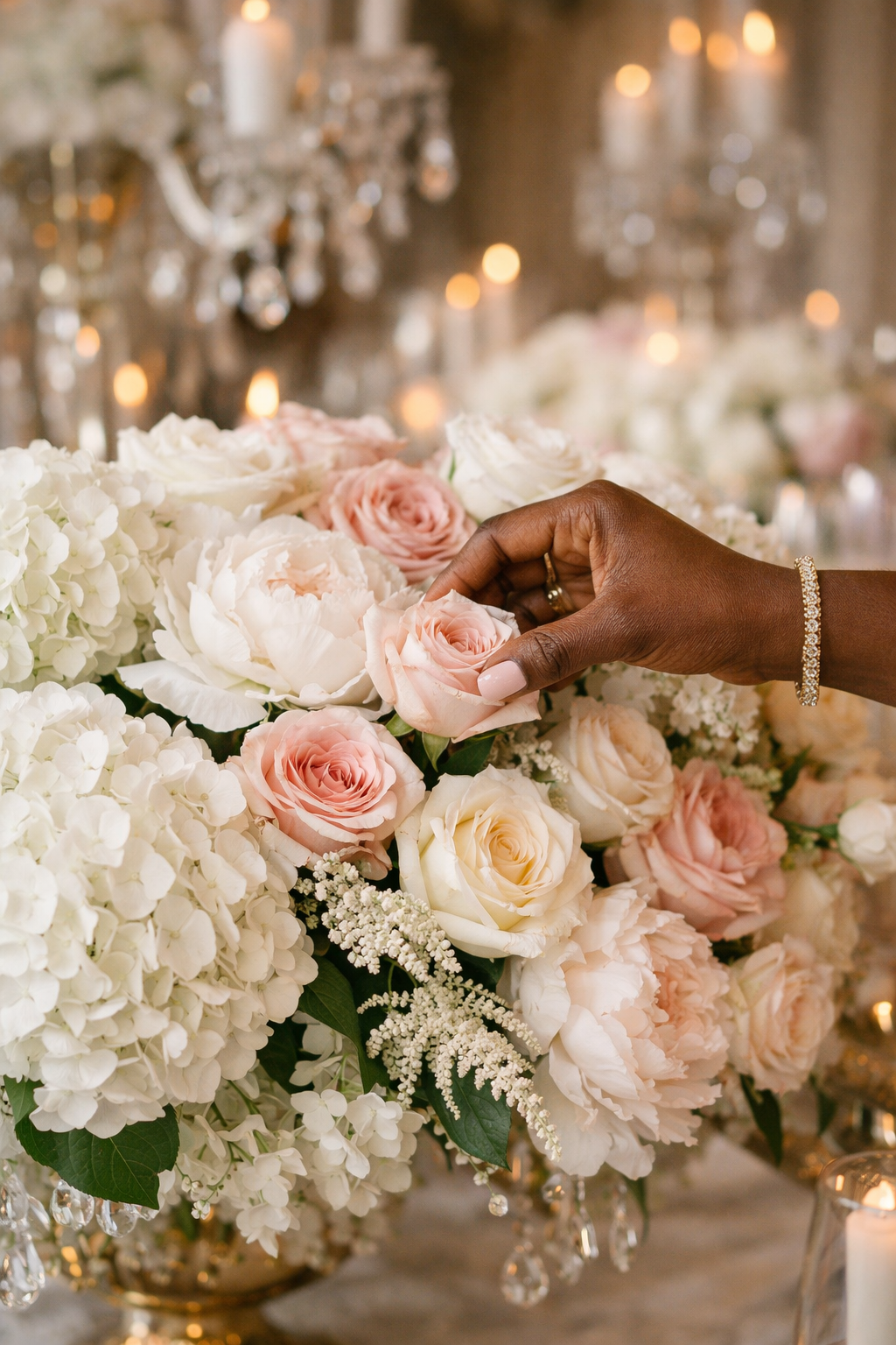 A woman in a flower shop is decorating a bouquet of pink, peach, and white flowers while on a video call with another woman who is also holding a flower. The shop has large windows and shelves filled with flowers.