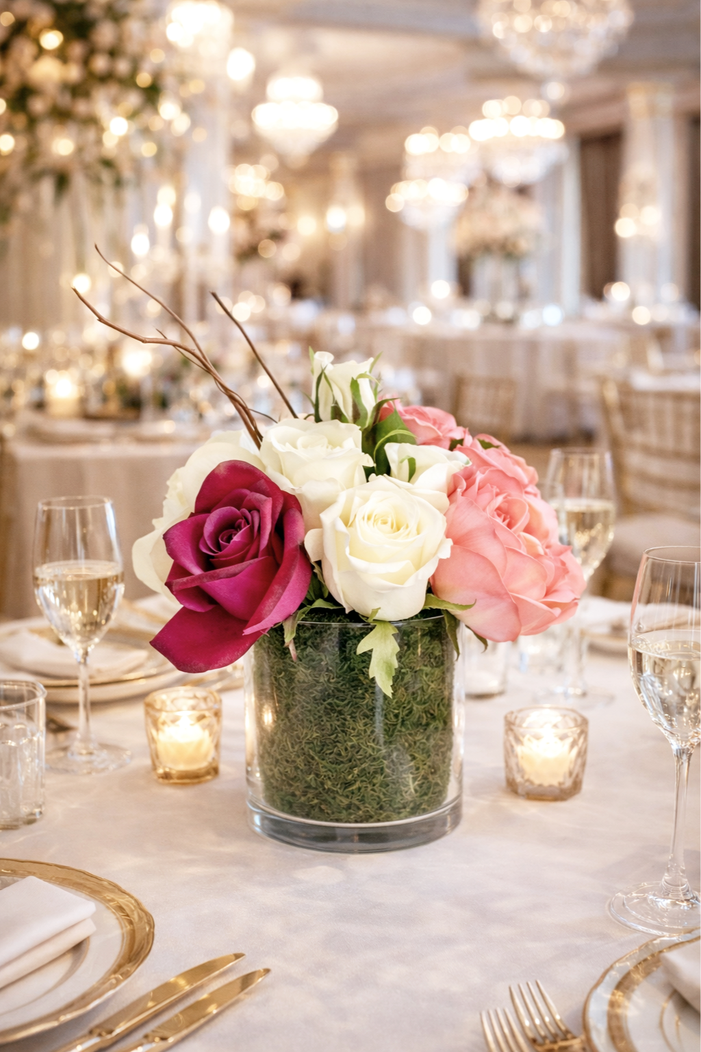 Everyday Moments by Mary Dyann Event Day Support. Rose arrangement centerpiece at a party.