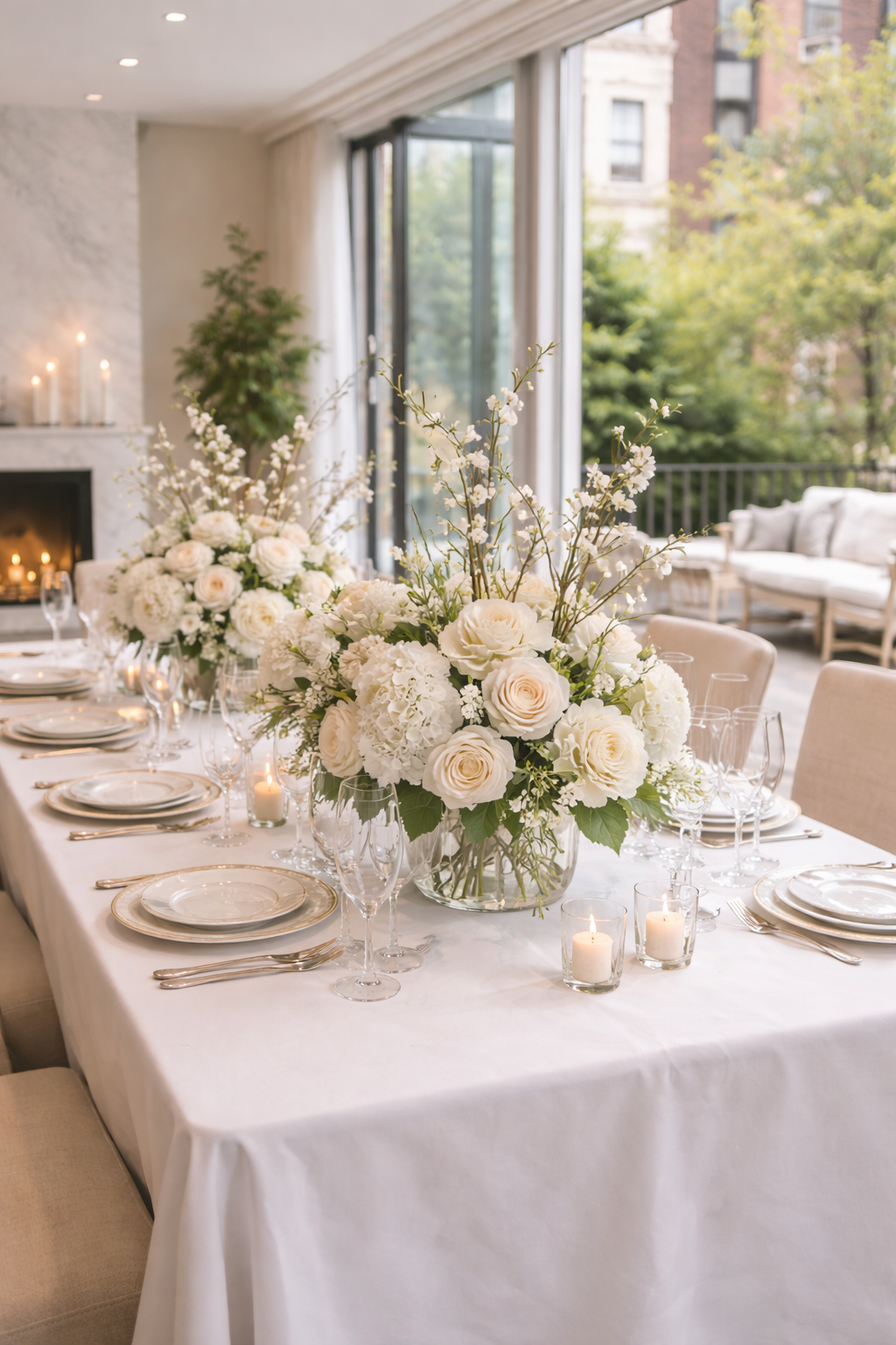 A woman in a flower shop is decorating a bouquet of pink, peach, and white flowers while on a video call with another woman who is also holding a flower. The shop has large windows and shelves filled with flowers.