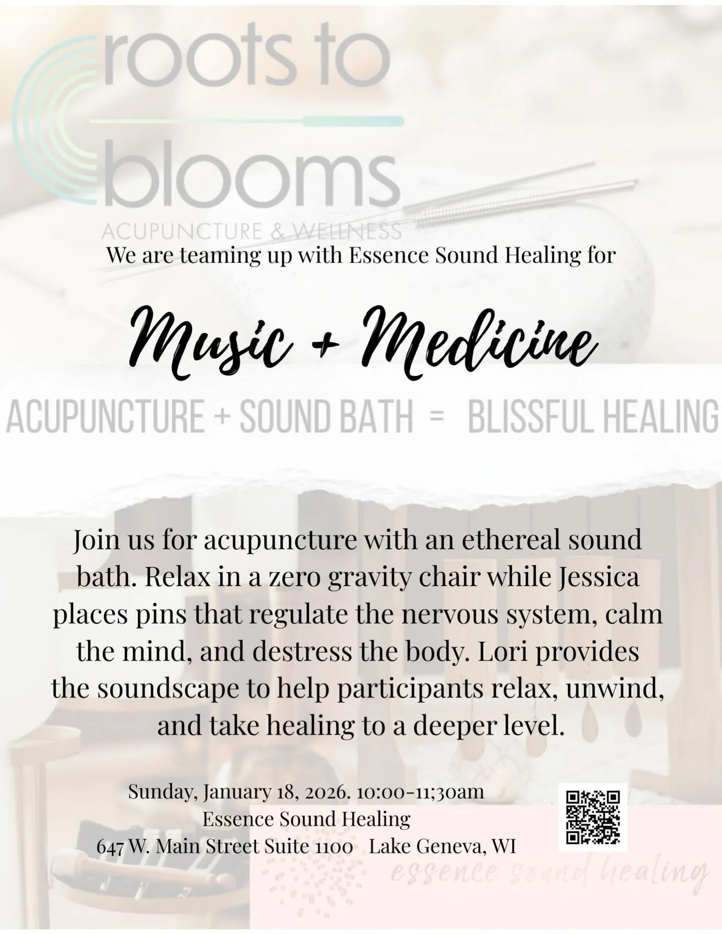 We love collaborations and we are so excited to invite you to our acupuncture and sound bath collaboration with Essence Sound Healing! 

Join us for a Sunday morning of music and medicine. Lori @essencesoundhealing provides the soundscape and Jessica