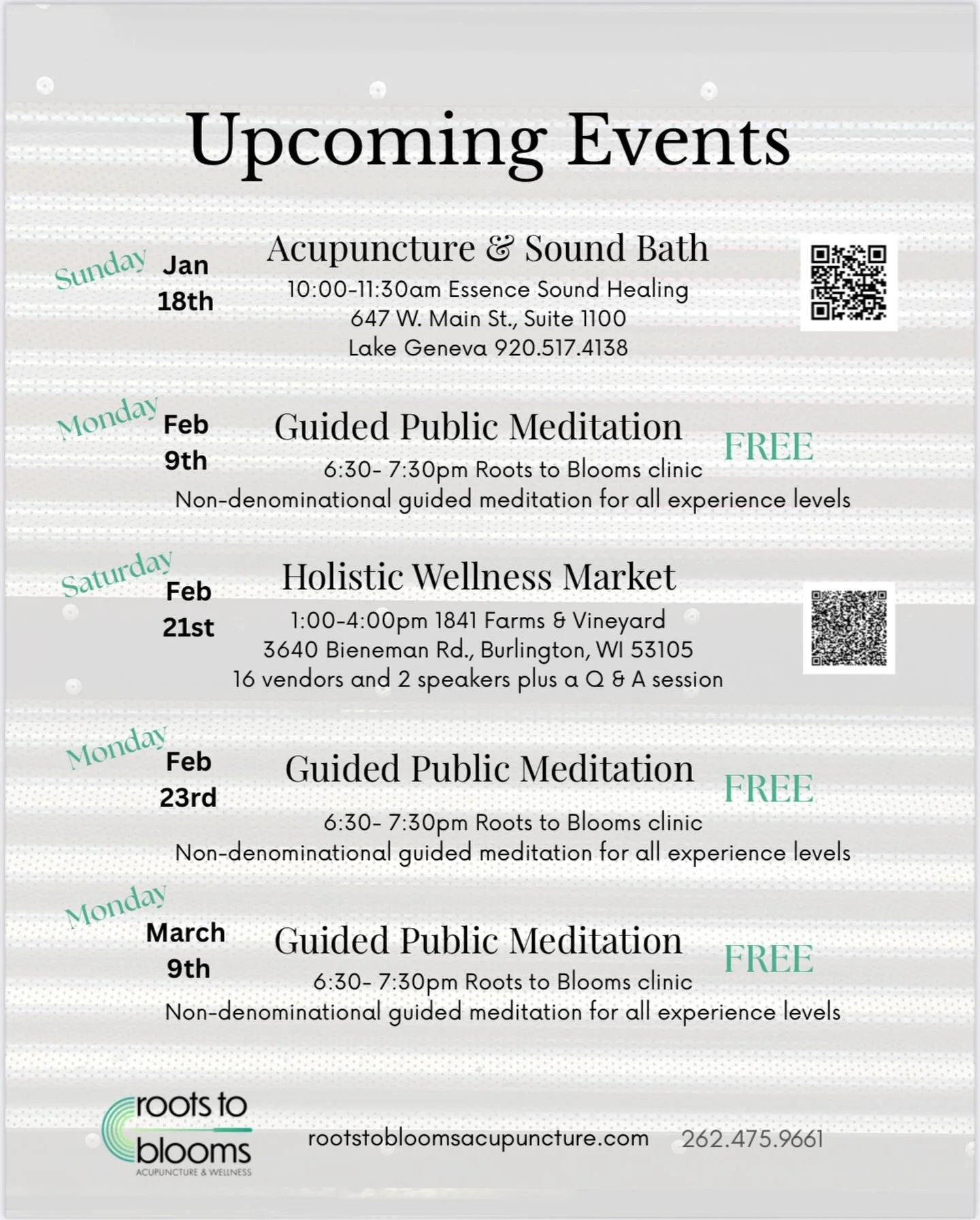 Did you know I do more than play music in my acupuncture clinic? I do! I also see patients and do events. Here's the January and February schedule. 

I'm teaming up with @essencesoundhealing for an acupuncture sound bath, I'm hosting #guidedmeditatio