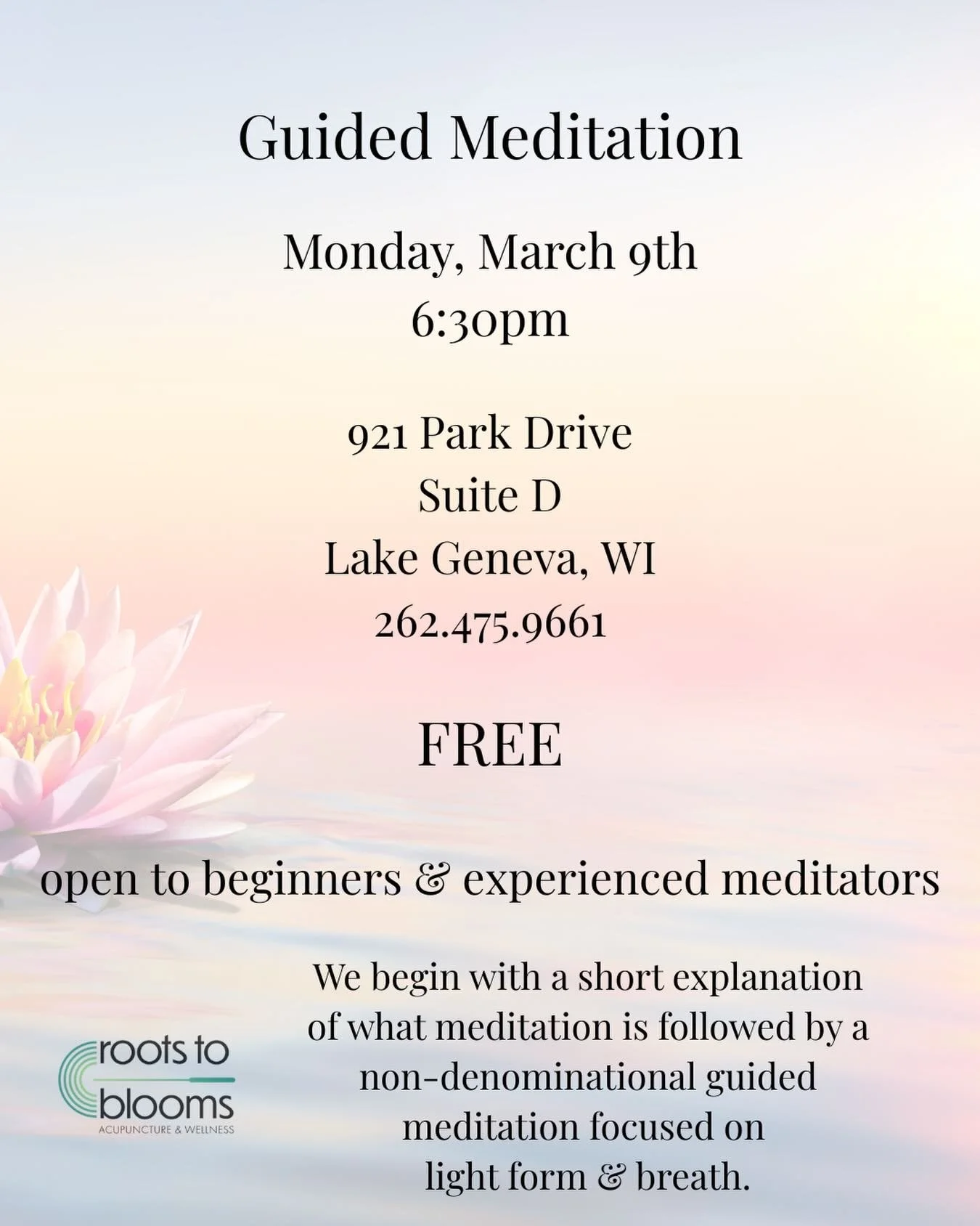 Join me tonight for FREE nondenominational guided meditation. Let's help you start a great self care habit. 🖤✨

#meditation #alllevelswelcome #guidedmeditation #acupuncturelakegeneva #acupunk