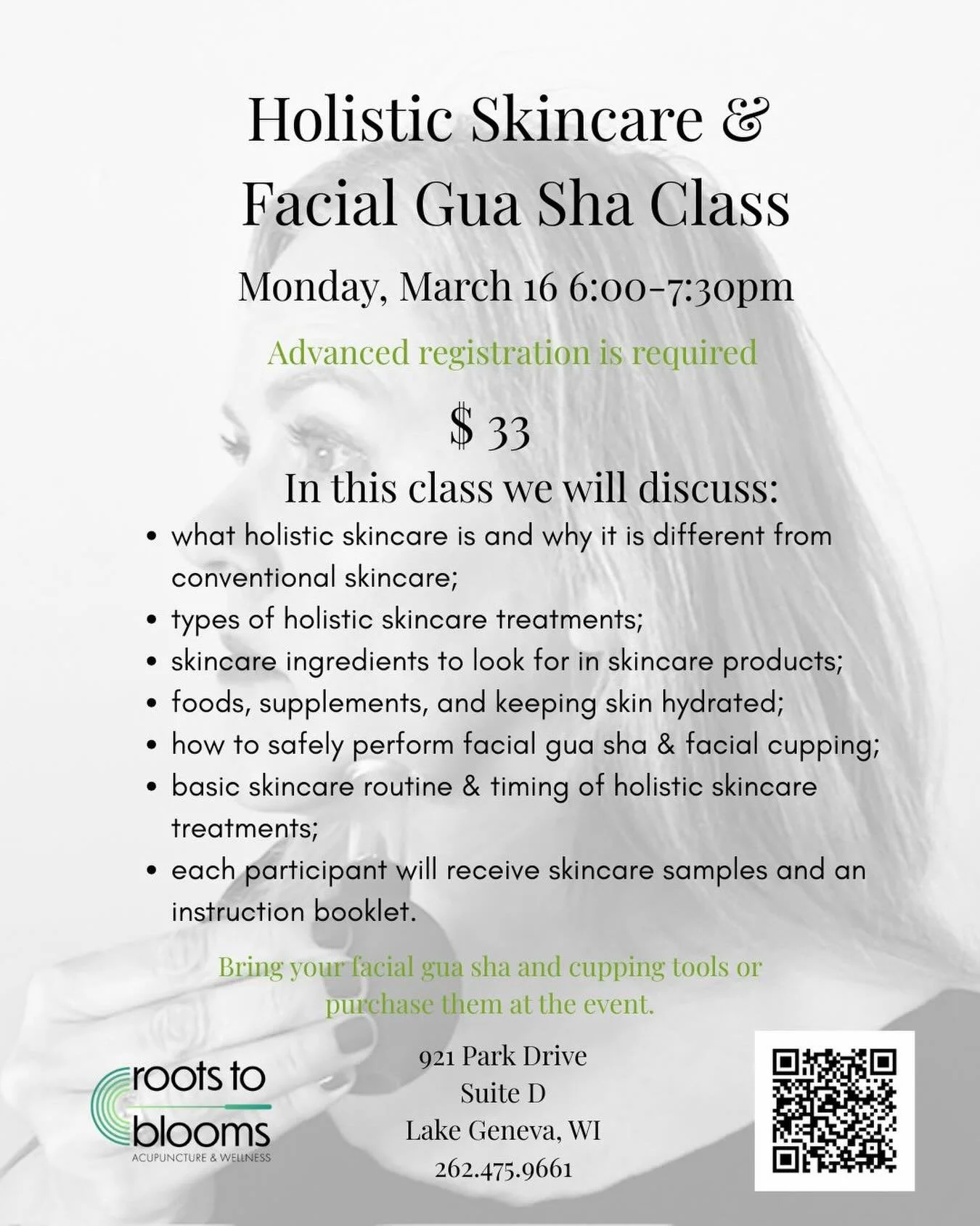 Because Monday's blizzard prevented safe passage to the clinic, I'll be offering my Holistic Skincare class this coming Monday, March 23 6:00-7:30. Register by calling 262.475.9661 or online through my website. 

Be prepared for a facial gua sha less