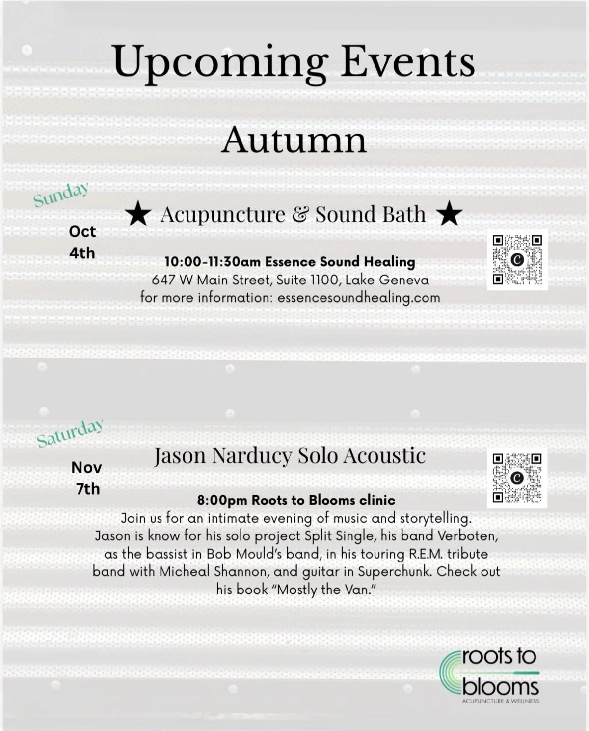 My logo isn't a needle dropping on a record because I don't love music . Come join me for two events this autumn: Sunday, October 4th I'll be collaborating with Lori from @essencesoundhealing for an ethereal acupuncture sound bath at her sound studio