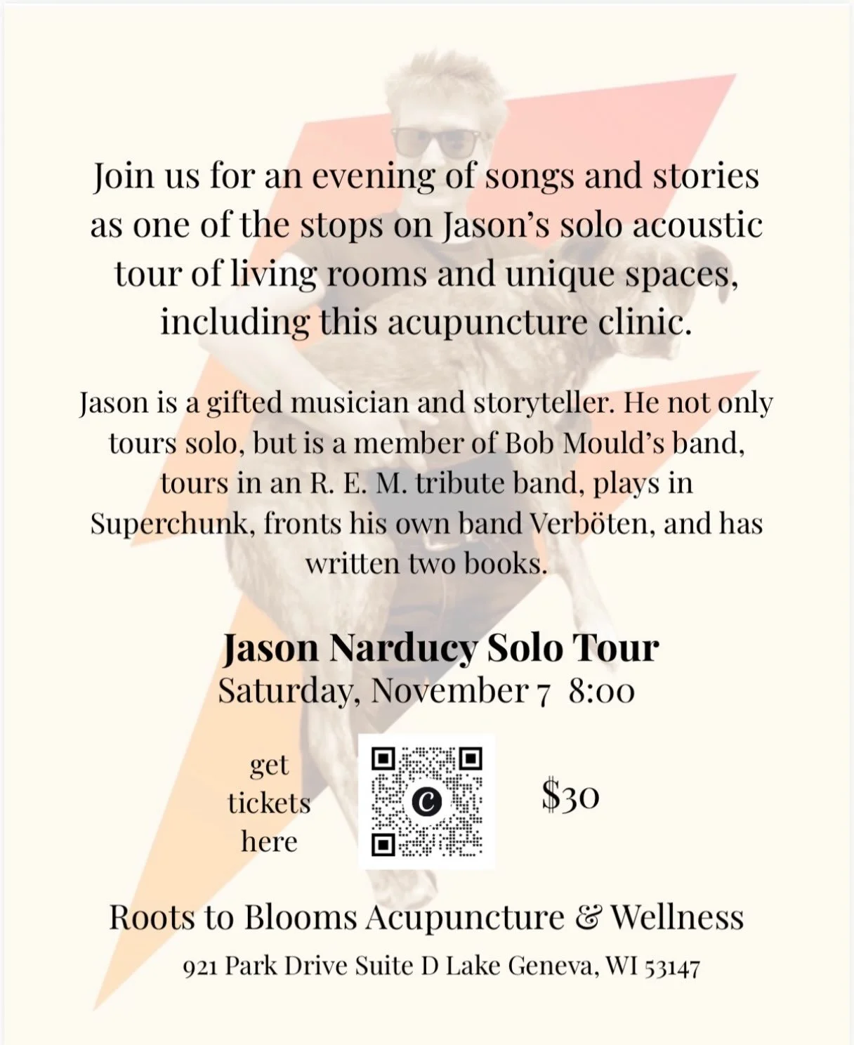 Three weeks until Jason's solo tour makes a stop at Roots to Blooms Acupuncture &amp; Wellness. For one night the shoppe will be transformed into a music venue for his acoustic set. I can't wait! Get tickets by visiting r o o t s t o b l o o m s a c 