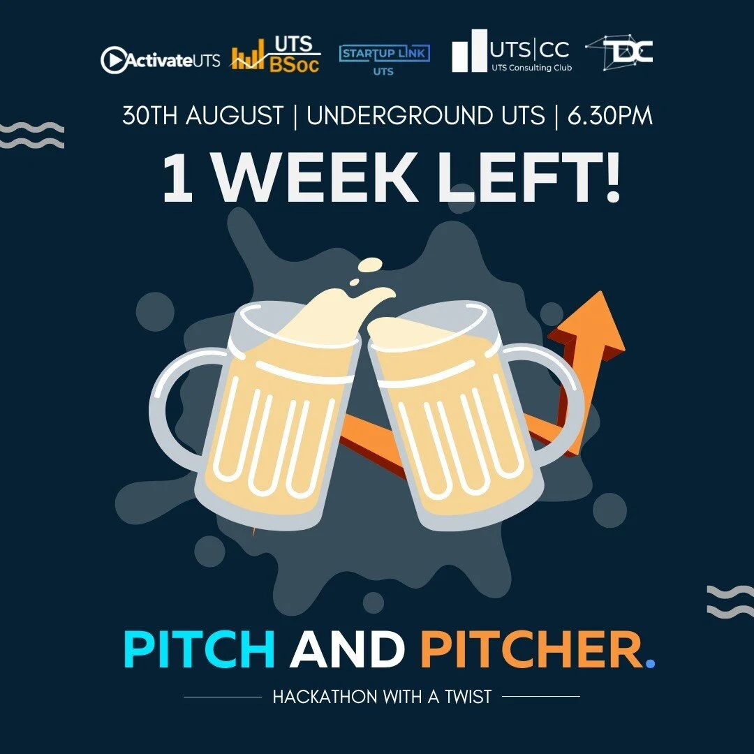 Only 1 week left until a night of innovation, problem-solving and fun with your mates! 

Be sure to get involved with BSoc, TD Connect, Startup Link, and UTSCC's micro hackathon, where you can work in teams of four to develop a 2 minute elevator pitc