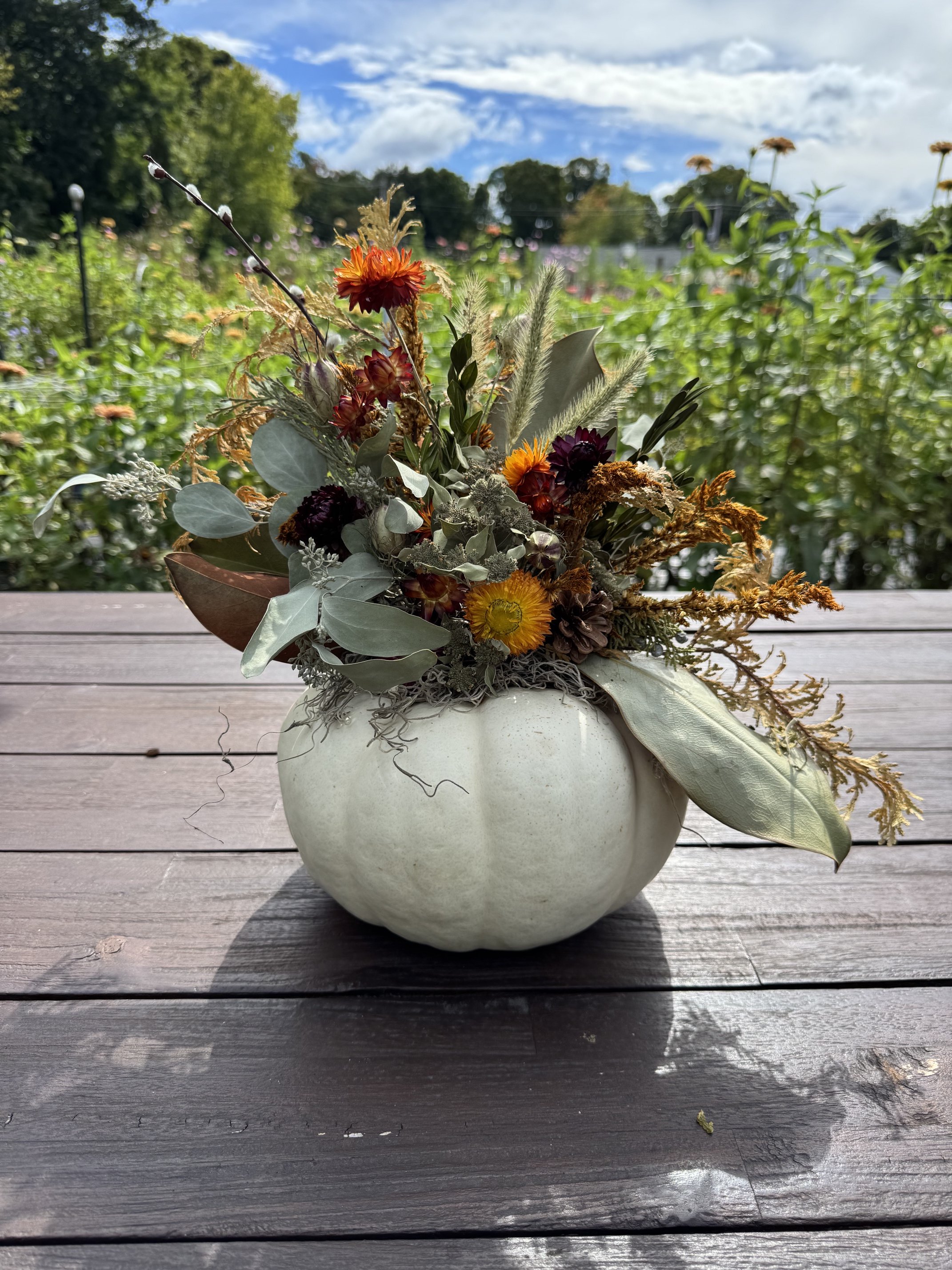 Dried florals and foliage on a white pumpkin