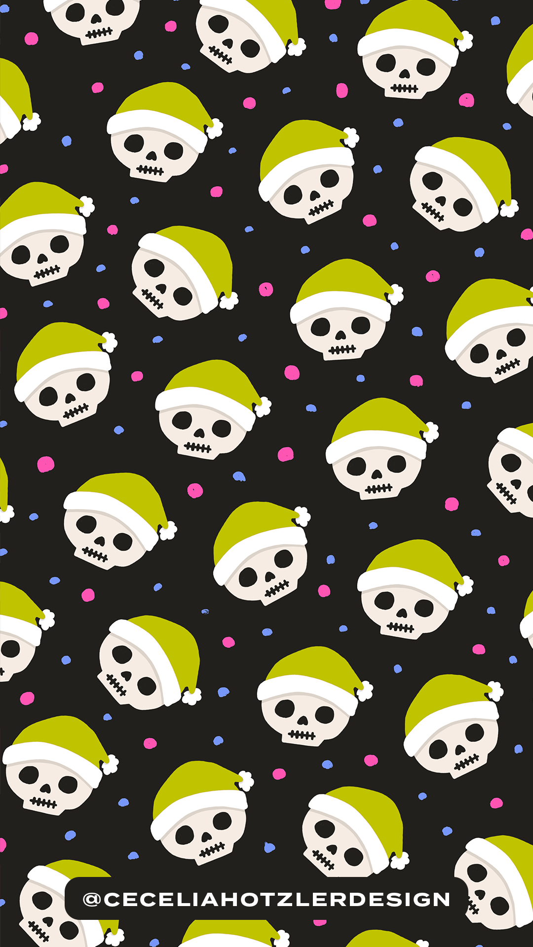 FREE downloadable iPhone and Android Phone Background lockscreen for smartphones. Holiday skeleton wearing a Santa hat pattern. Perfect for elder emos.