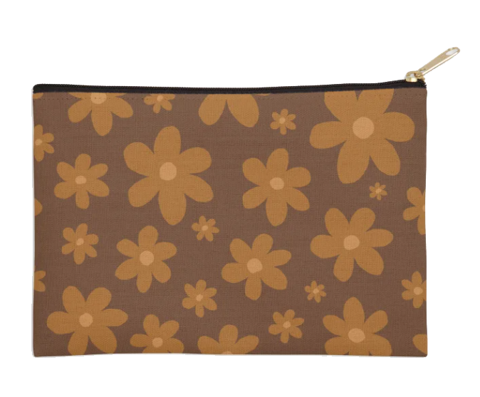 A rectangular fabric pouch with a brown background and yellow flower pattern, featuring a zipper closure on the top right side.
