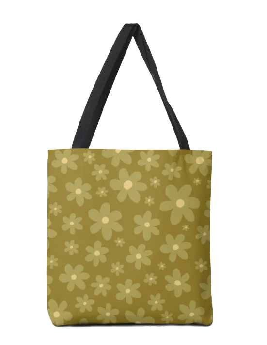 A tote bag with a yellow background and a pattern of light yellow flowers, featuring black handles.