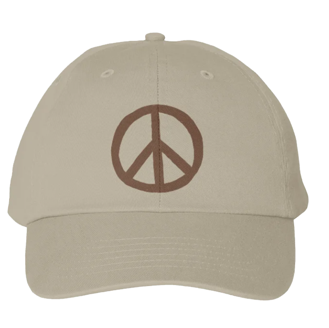 Beige baseball cap with a brown peace sign symbol embroidered on the front.