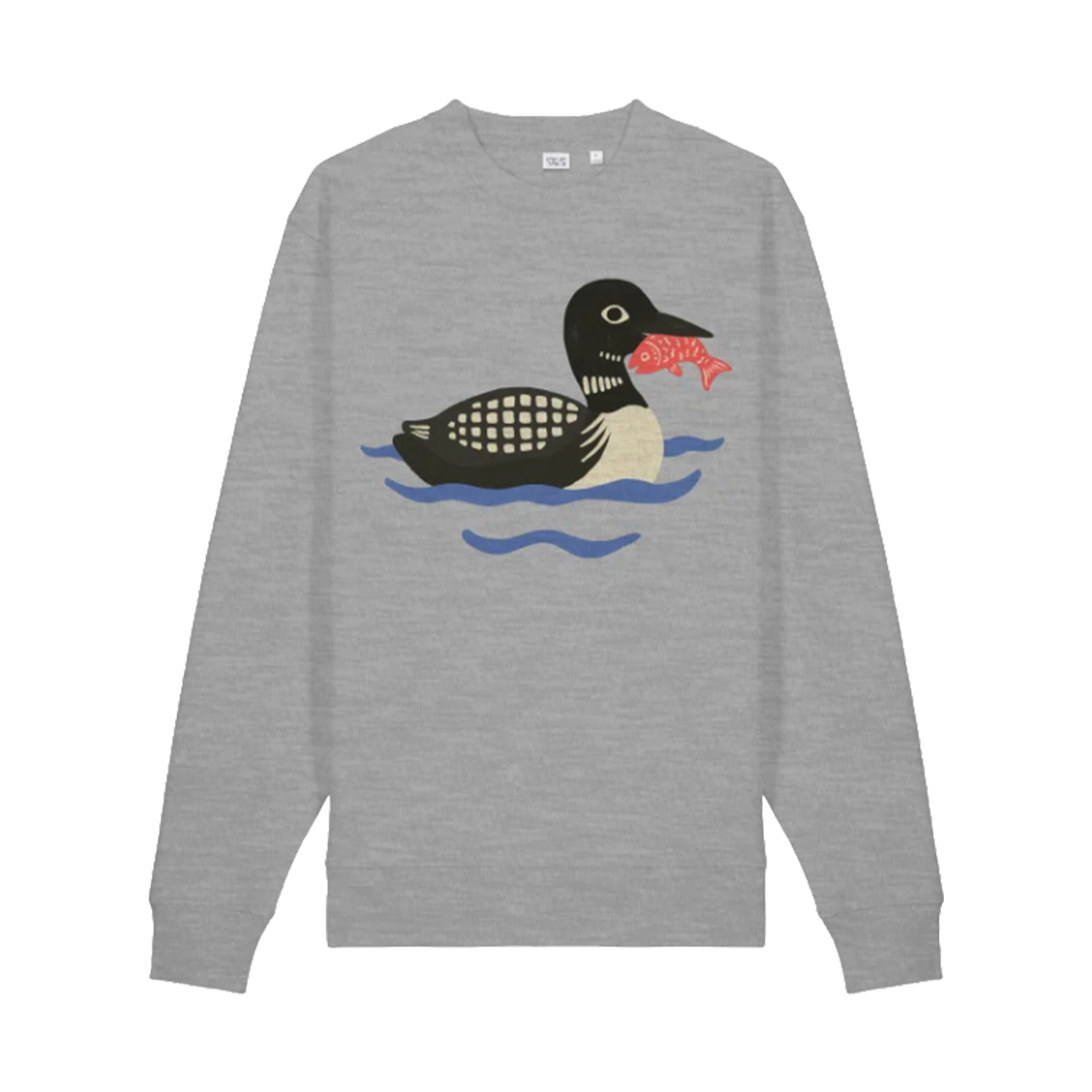 Gray shirt with a graphic of a duck holding a fish in its beak, wading in water.