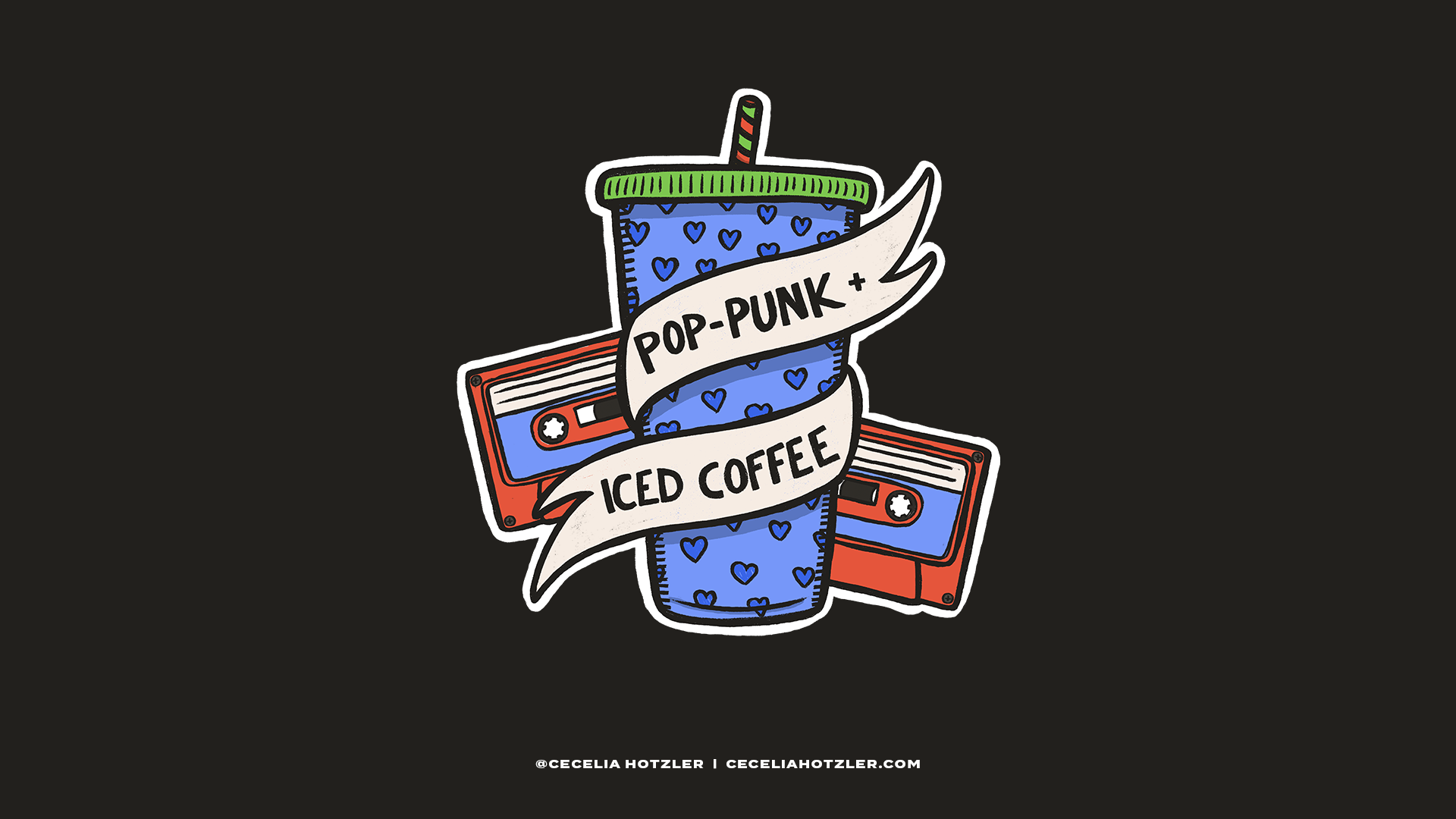 A colorful illustration of a to-go iced coffee with a striped straw, surrounded by two red cassette tapes. The iced coffee cup is blue with small blue hearts and is wrapped with a white banner that reads 'POP-PUNK + ICED COFFEE'.