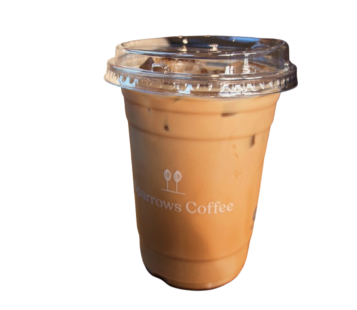 Iced coffee in a clear plastic cup with a domed lid, from Sparrow's Coffee.