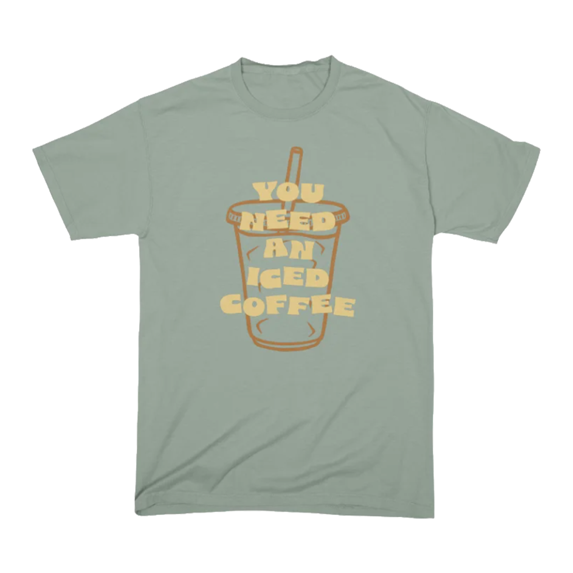 A light-colored T-shirt with a graphic of a coffee cup and the words "You Need a Coffee" printed on it.