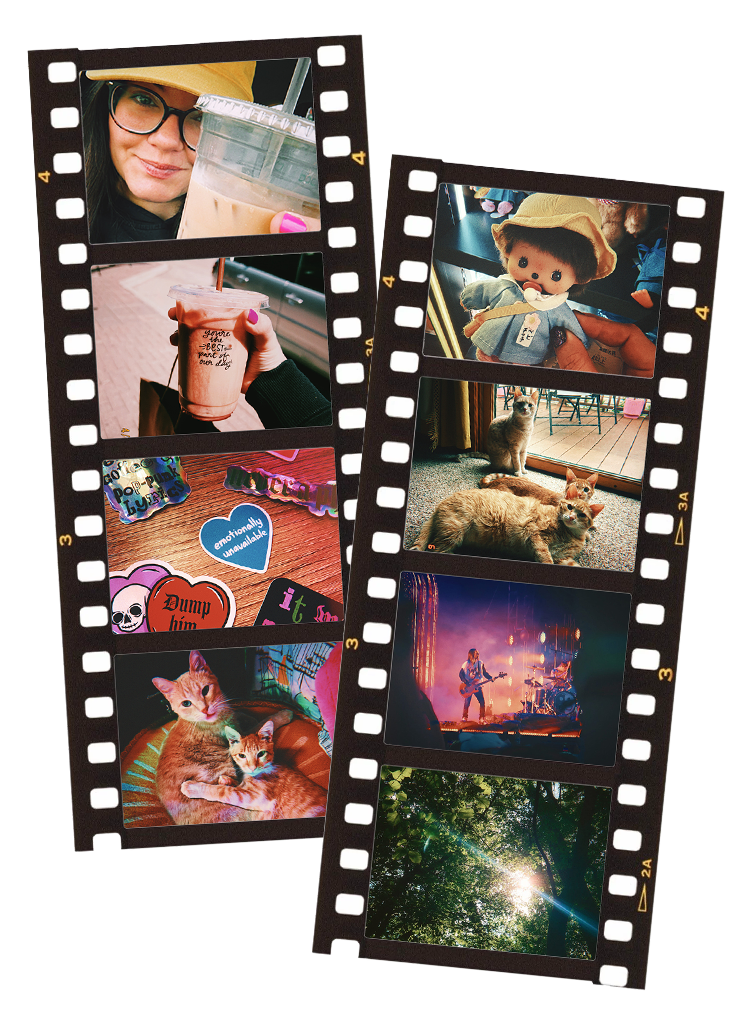 Two film strips displaying a woman with glasses and a yellow hat holding iced coffee, a person holding a pink iced coffee cup, colorful stickers and a photo of two cats, a vintage doll with a pacifier, puppies, a band performing live, and sunlight filtering through trees.