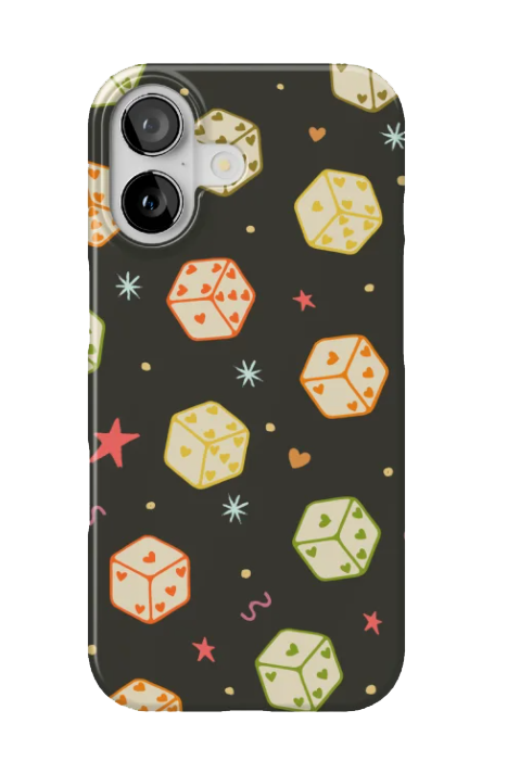 Phone case with a pattern of colorful dice, stars, and hearts on a black background.