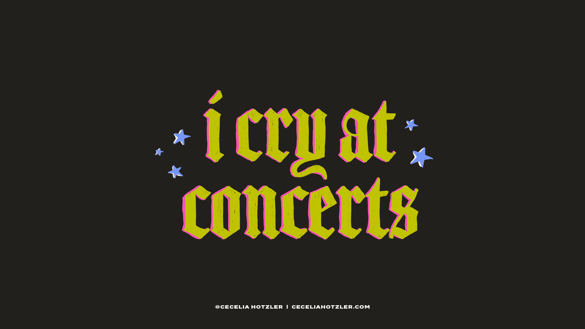 Bold text on a black background reading 'icry at concerts' with small blue and white stars around it, and credit at the bottom.