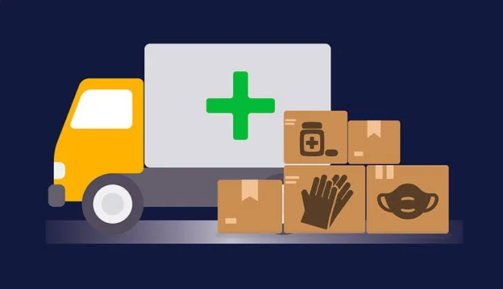 Illustration of a delivery truck with medical supplies, including boxes labeled with medical symbols, gloves, and a mask, emphasizing healthcare delivery.