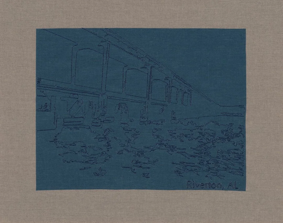 Riverton AL 2026. Inkjet print on linen, overlaid with embroidery 16x 20 inches