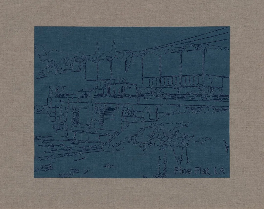 Pine Flat LA, 2026. Inkjet print on linen, overlaid with embroidery 16 x 20 in.