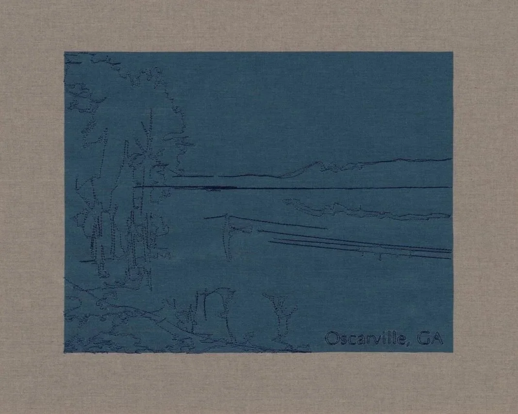 Oscarville GA, 2026. Inkjet print on linen, overlaid with embroidery, 16 x 20 in.