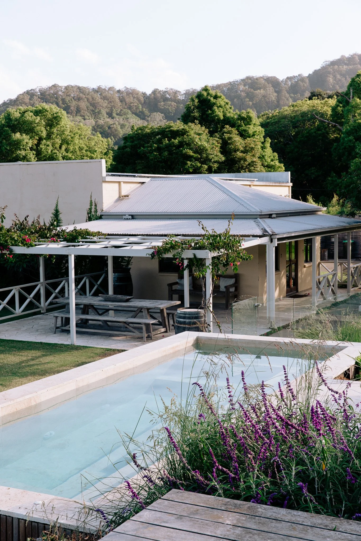 A backyard with a small rectangular pool, garden plants, a wooden picnic table, and a house with a metal roof surrounded by trees and hills.