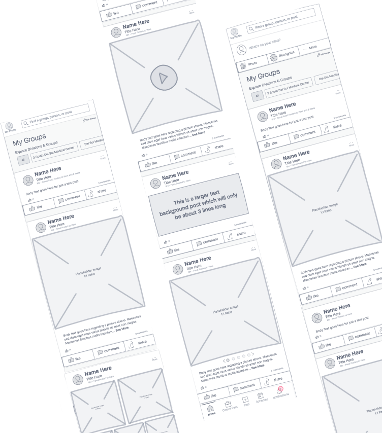 Multiple mobile phone screens displaying a social media app page with placeholders for images and text, showing posts, groups, and navigation icons.