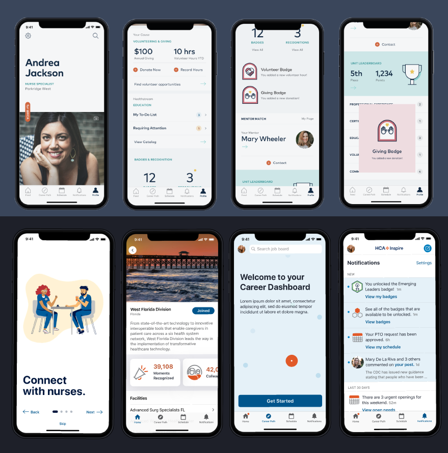 Series of mobile app screens displaying a healthcare professional's profile, volunteer and badge tracking, mentor matching, career dashboard, and notifications for a healthcare workforce management app.