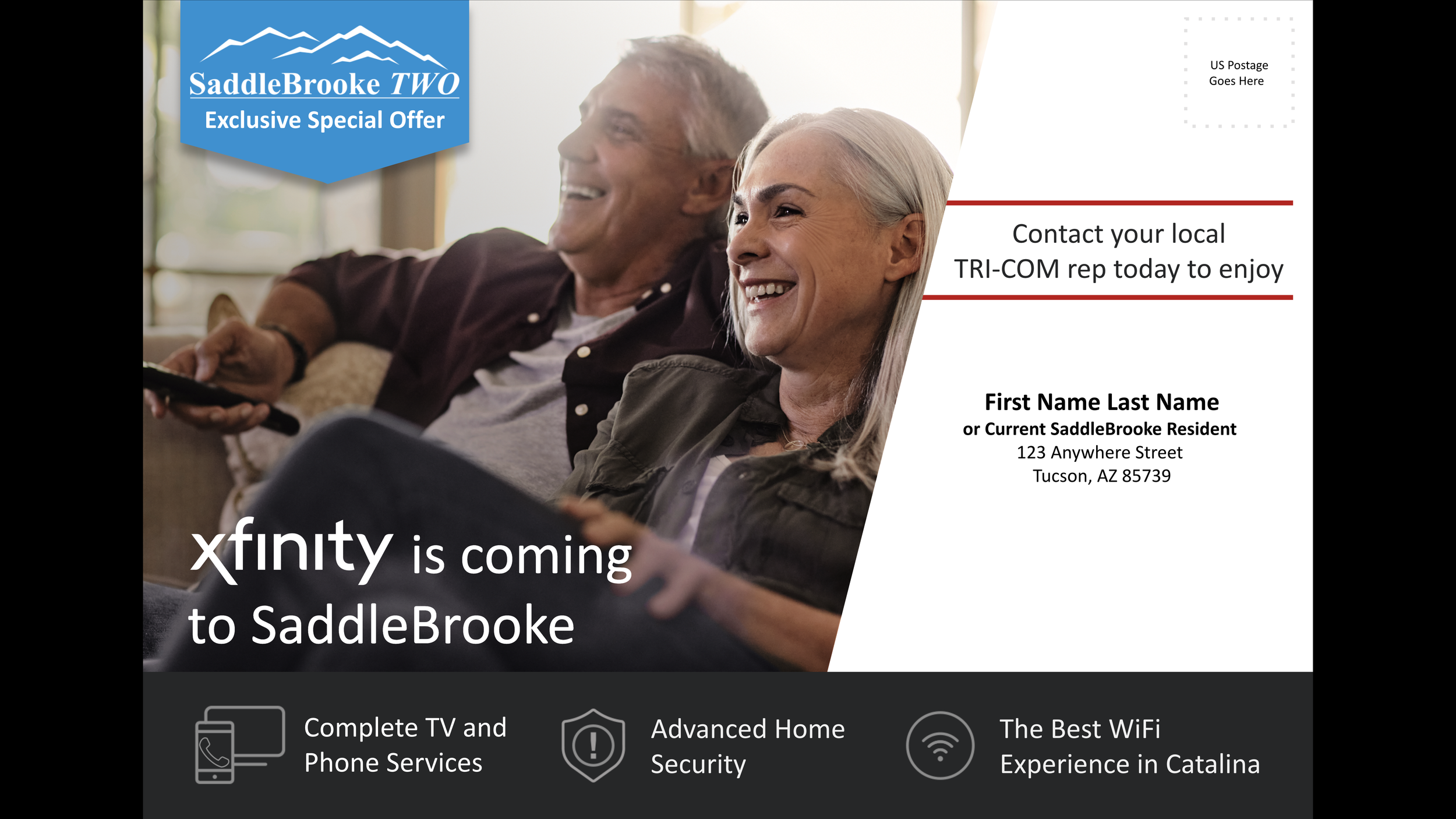 A smiling elderly couple relaxing on a couch with a remote control, promoting Xfinity coming to SaddleBrooke with services like TV, phone, home security, and WiFi in Catalina, Arizona.