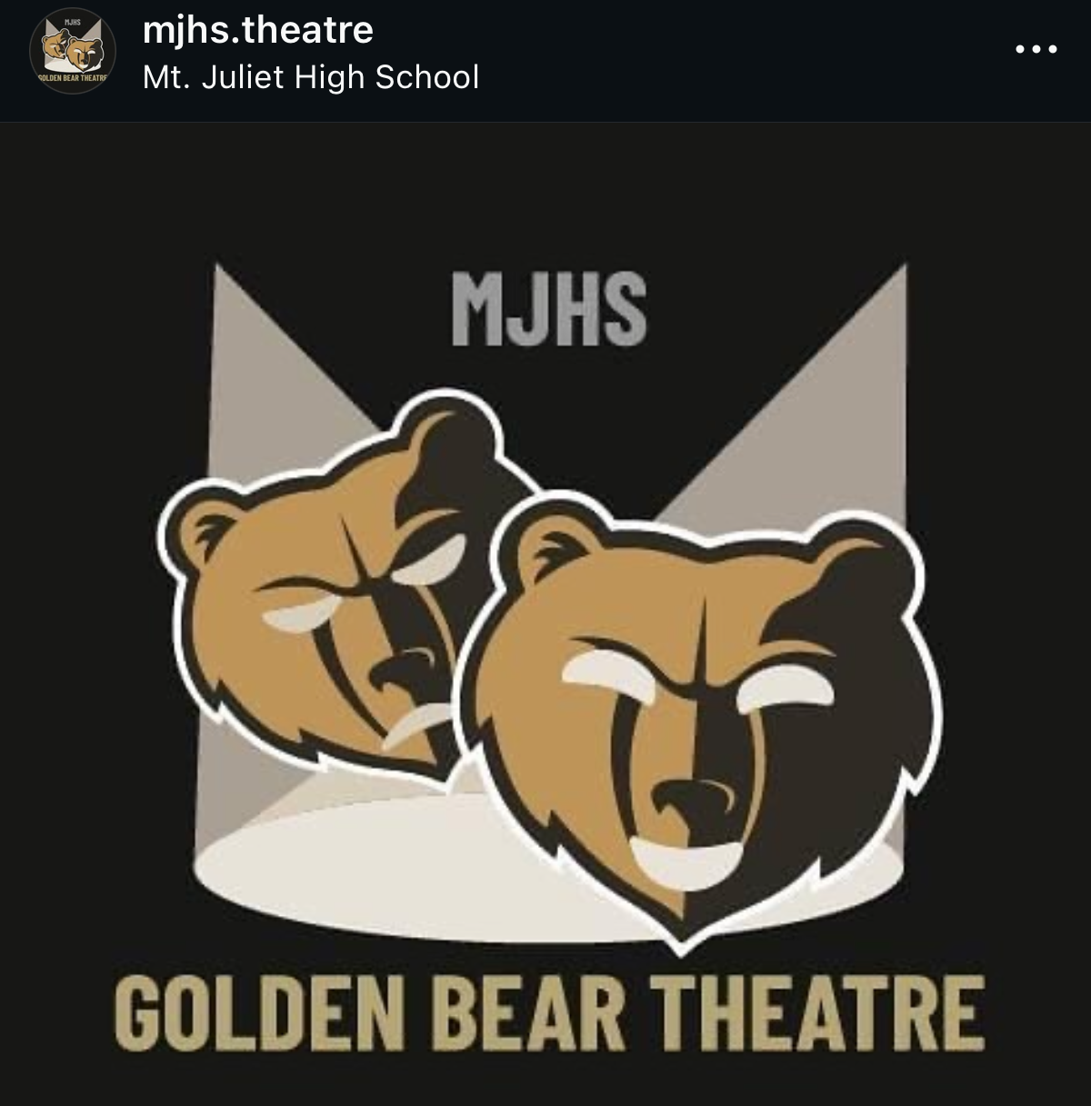 Logo of Mt. Juliet High School Golden Bear Theatre featuring two stylized bear heads, one slightly behind the other, on a black background with the text 'MJHS' above and 'Golden Bear Theatre' below.