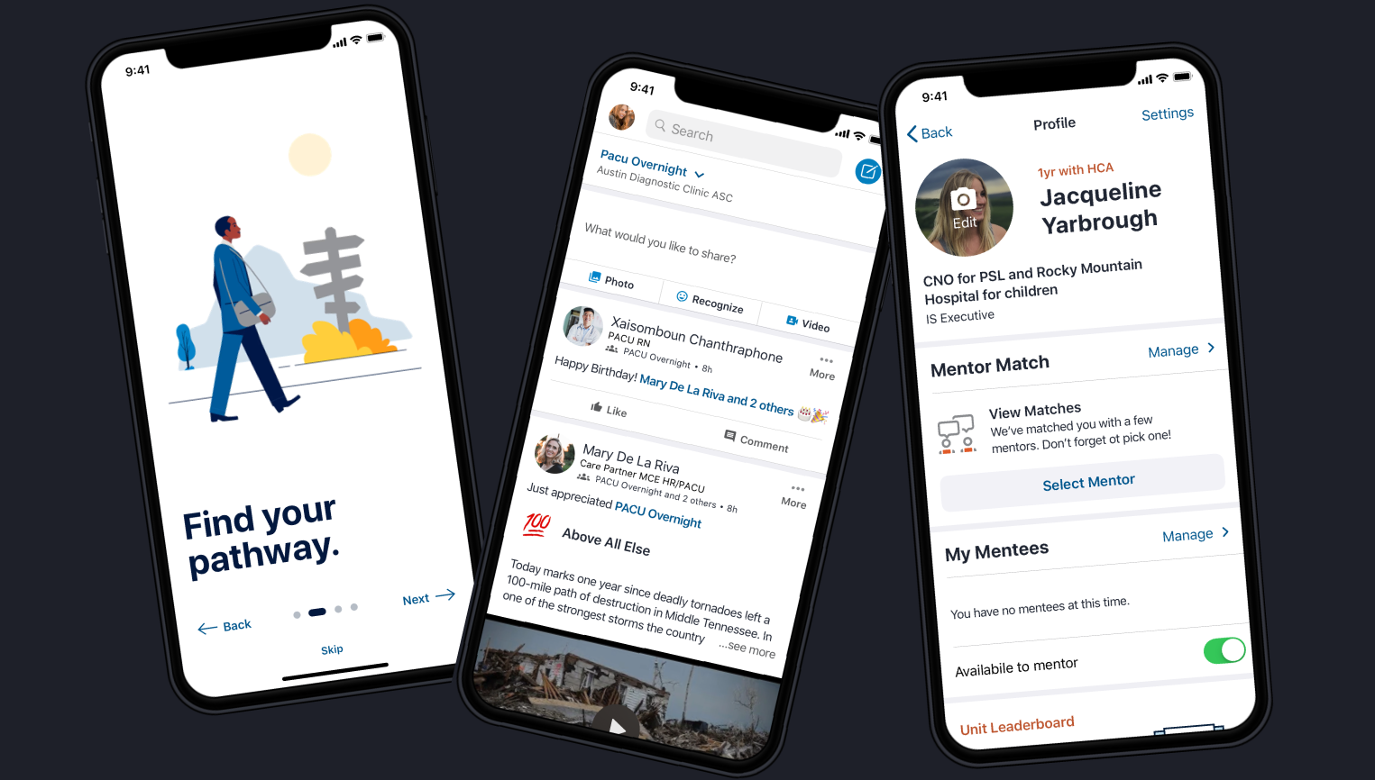 Screenshots of a mobile app interface showing social networking, messaging, and profile management features.