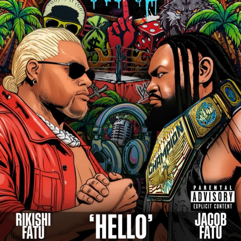 Cartoon illustration of two male wrestlers facing each other in a face-off, with a colorful background including palm trees, dice, weapons, and a championship belt, labeled 'Hello'.