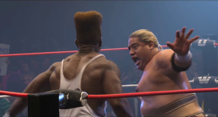 Two professional wrestlers in a wrestling ring engaged in a fight, one with a flat top hairstyle and the other with long blonde hair, both appearing aggressive.