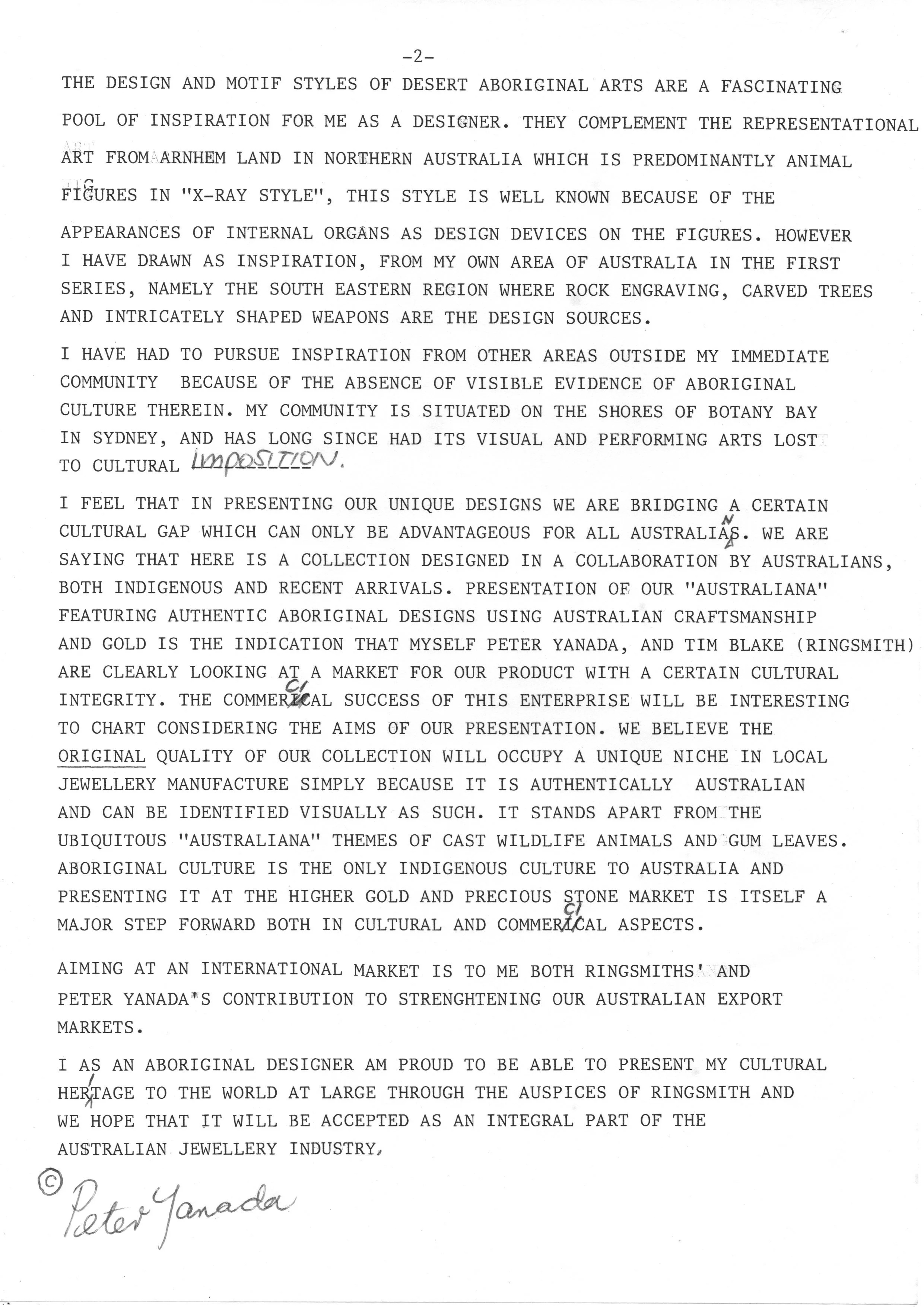 Typed essay about desert Aboriginal art influence, Indigenous Australian culture, and jewelry creation, mentioning Peter Yanada and ringsmith collaboration.
