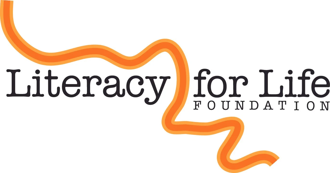 Logo of Literacy for Life Foundation with black text and an orange curved line overhead.