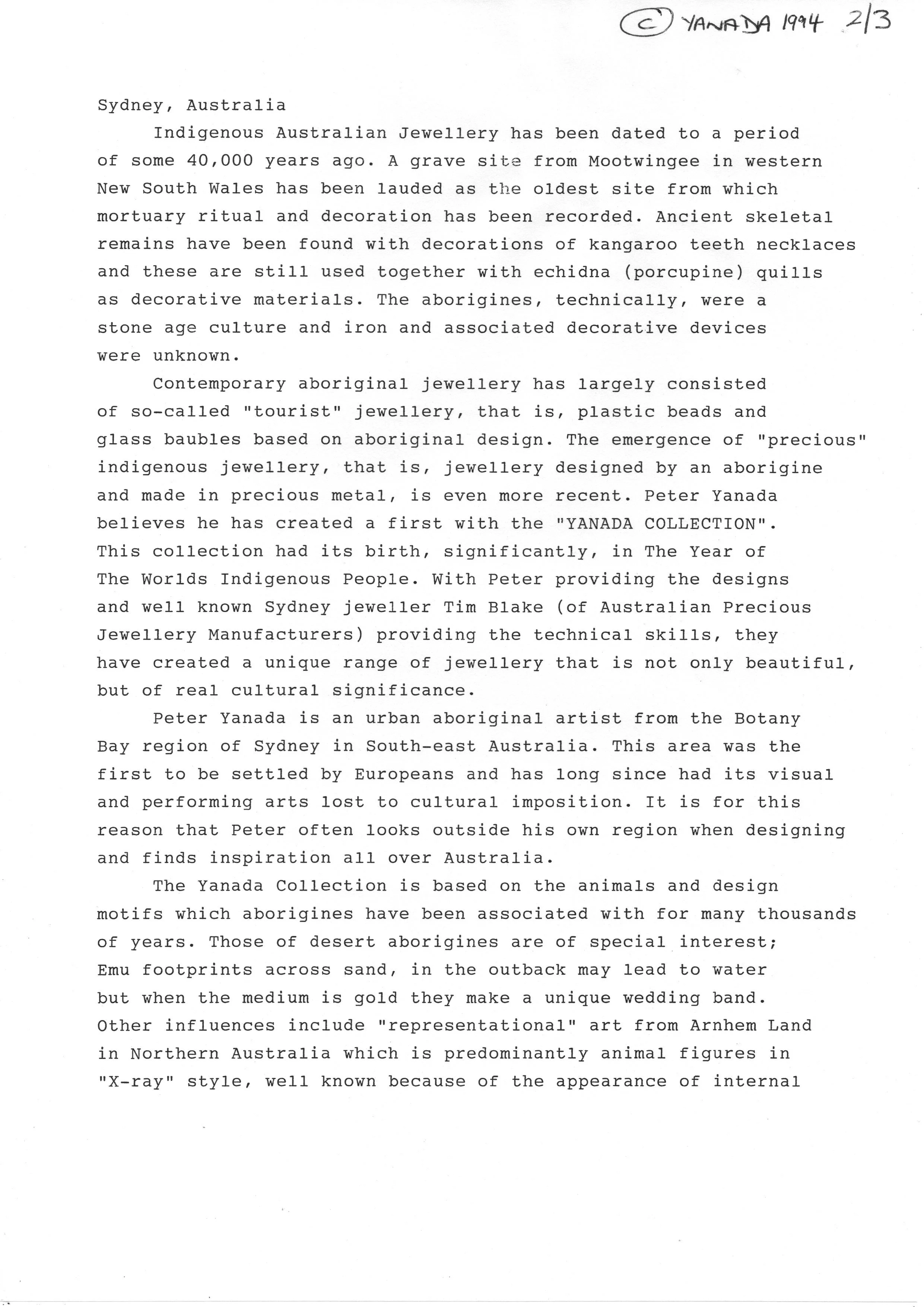 Typed document discussing Indigenous Australian jewelry, its history, and Peter Yanada's contemporary collection inspired by Aboriginal artifacts and animals.